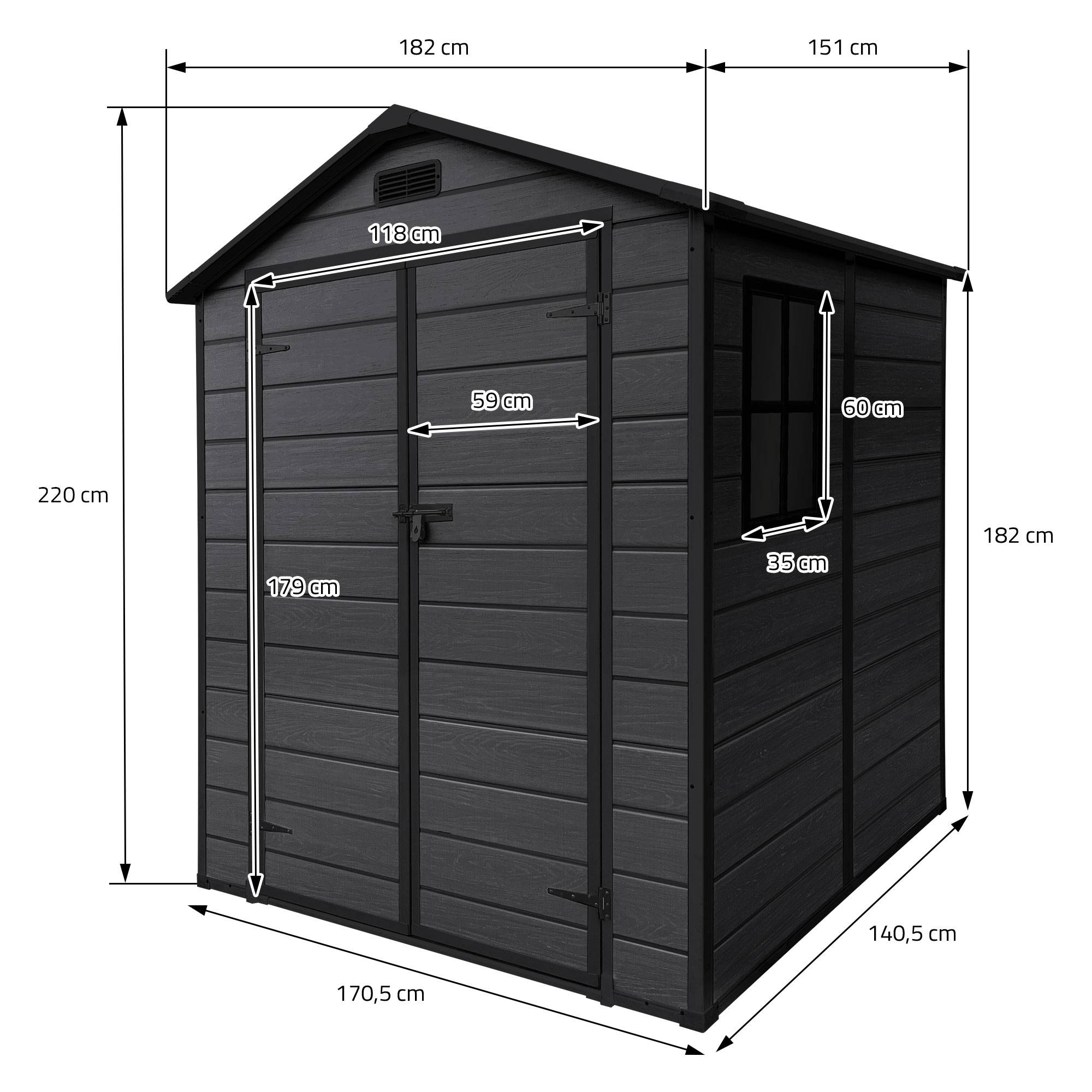 Abri de jardin en résine PP 5 m³ gris foncé avec plancher toit double pente fenêtre porte double ventilation cabane de rangement 151x182x220 cm - Image 8