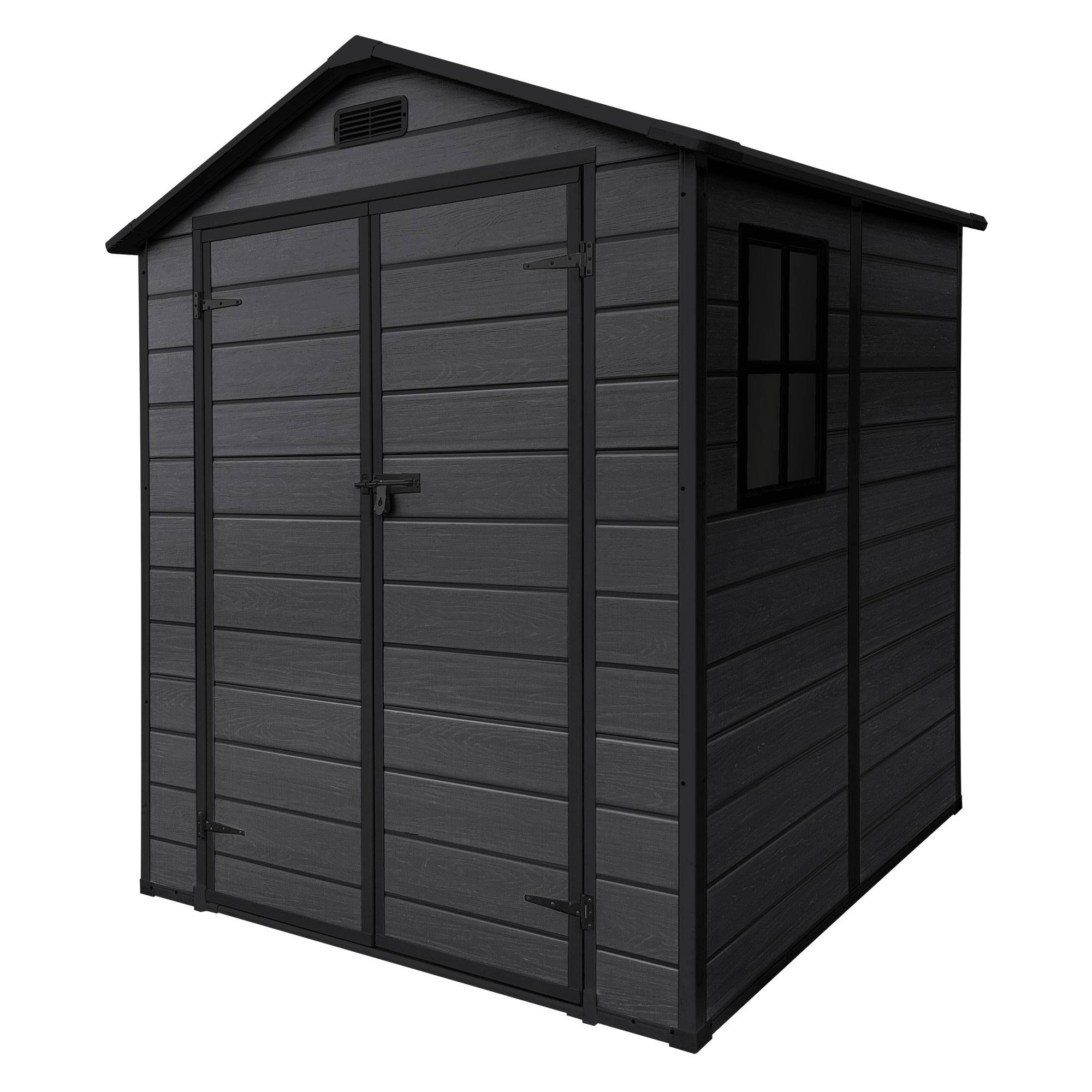 Abri de jardin en résine PP 5 m³ gris foncé avec plancher toit double pente fenêtre porte double ventilation cabane de rangement 151x182x220 cm - Image 1