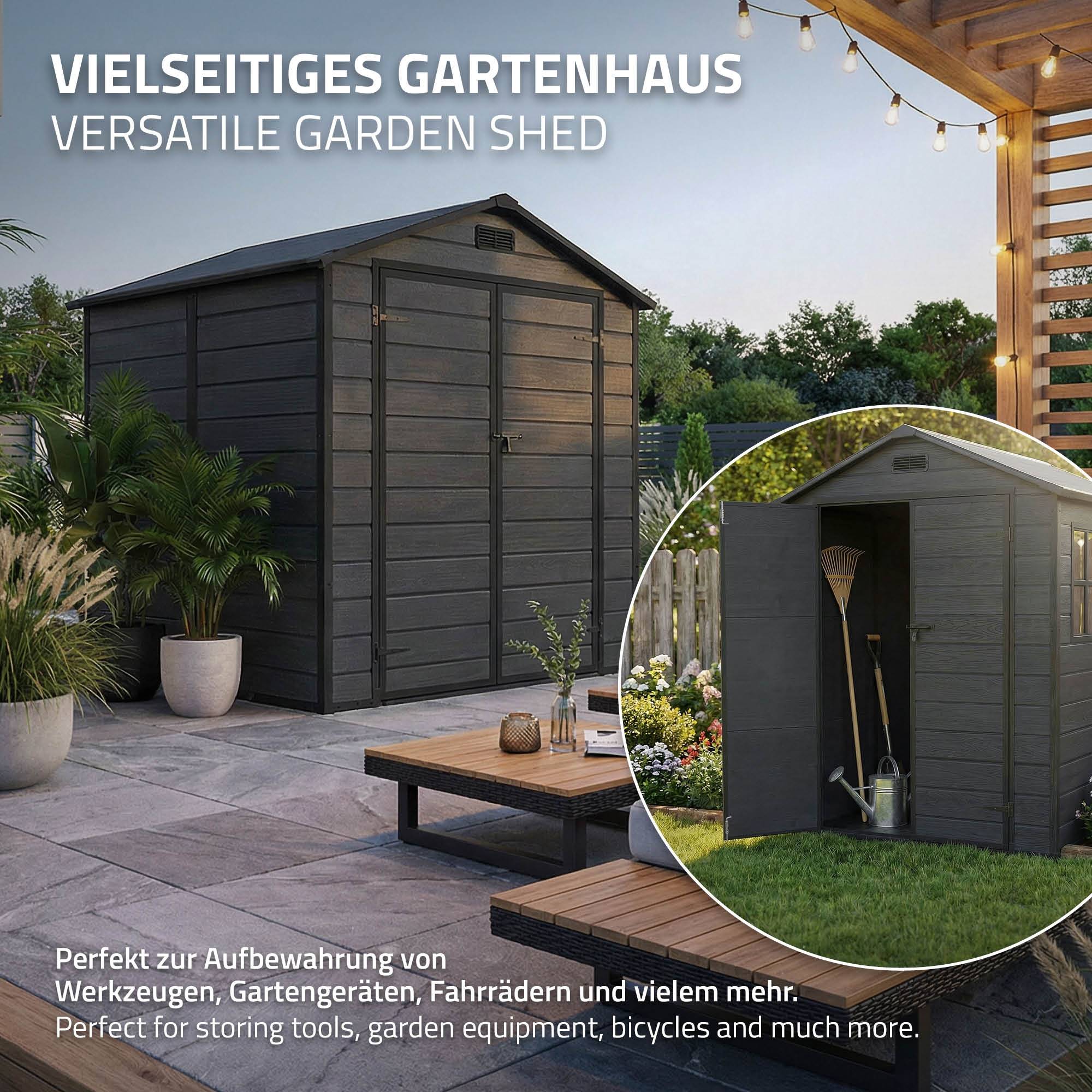 Abri de jardin en résine PP 5 m³ gris foncé avec plancher toit double pente fenêtre porte double ventilation cabane de rangement 151x182x220 cm - Image 6