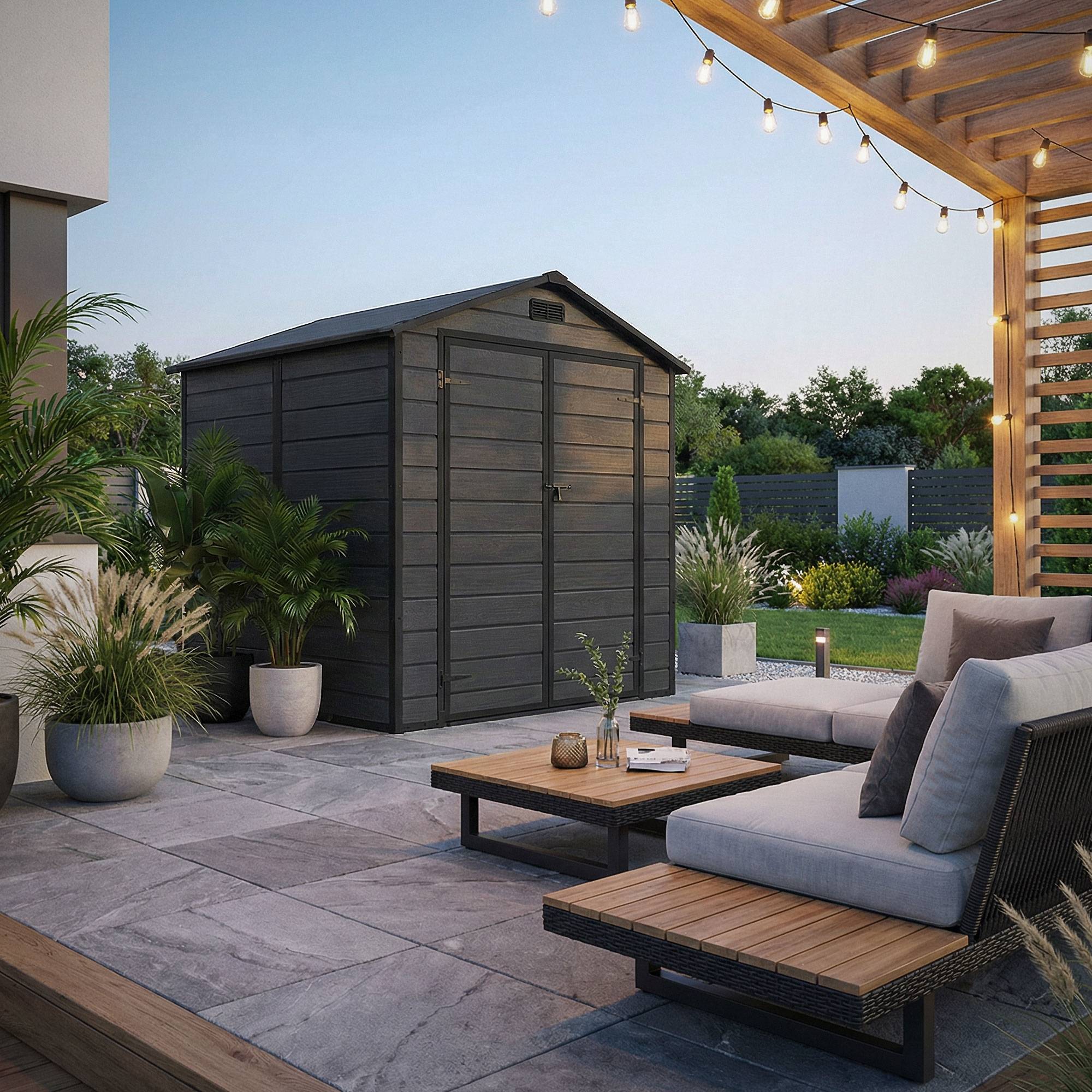 Abri de jardin en résine PP 5 m³ gris foncé avec plancher toit double pente fenêtre porte double ventilation cabane de rangement 151x182x220 cm - Image 2