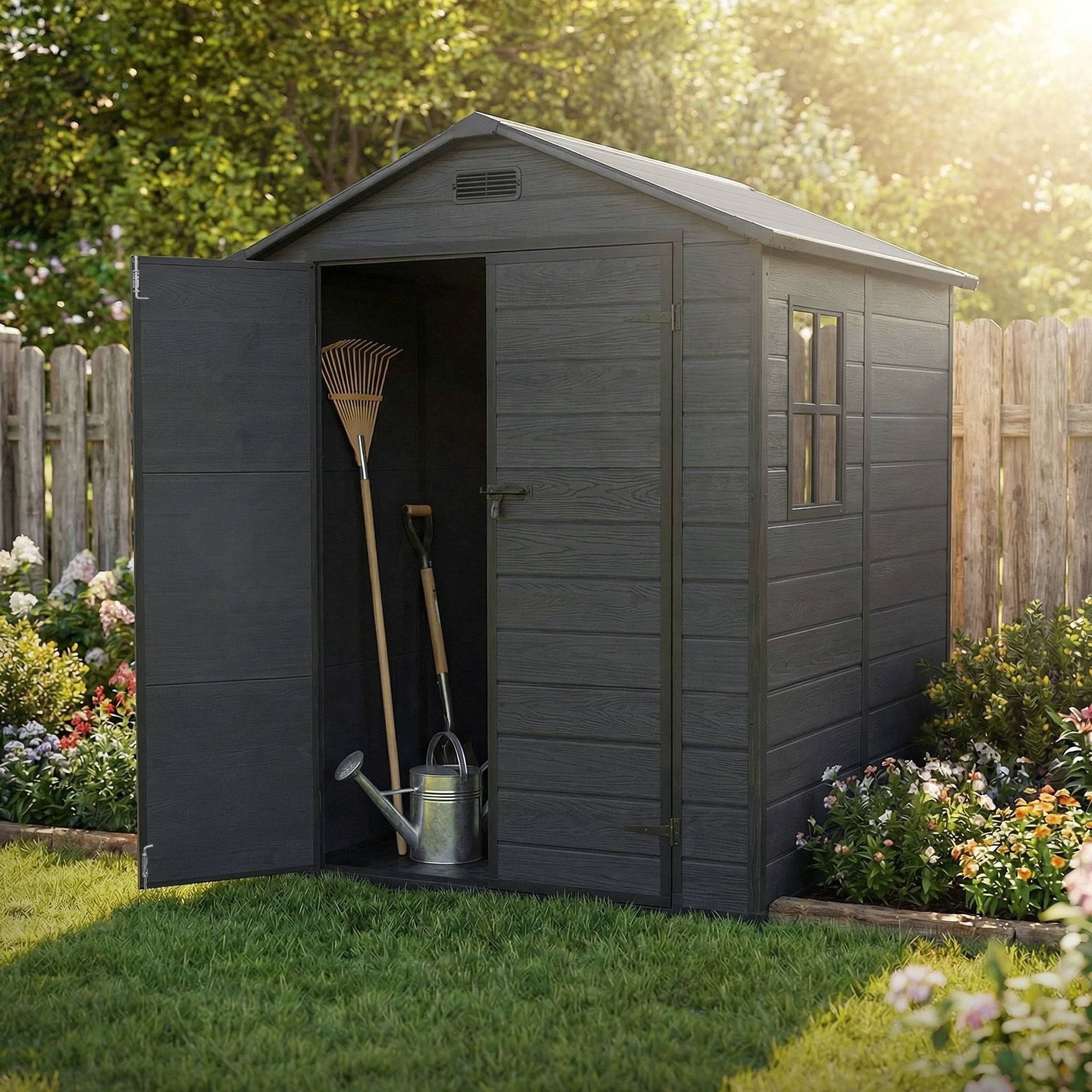 Abri de jardin en résine PP 5 m³ gris foncé avec plancher toit double pente fenêtre porte double ventilation cabane de rangement 151x182x220 cm - Image 9