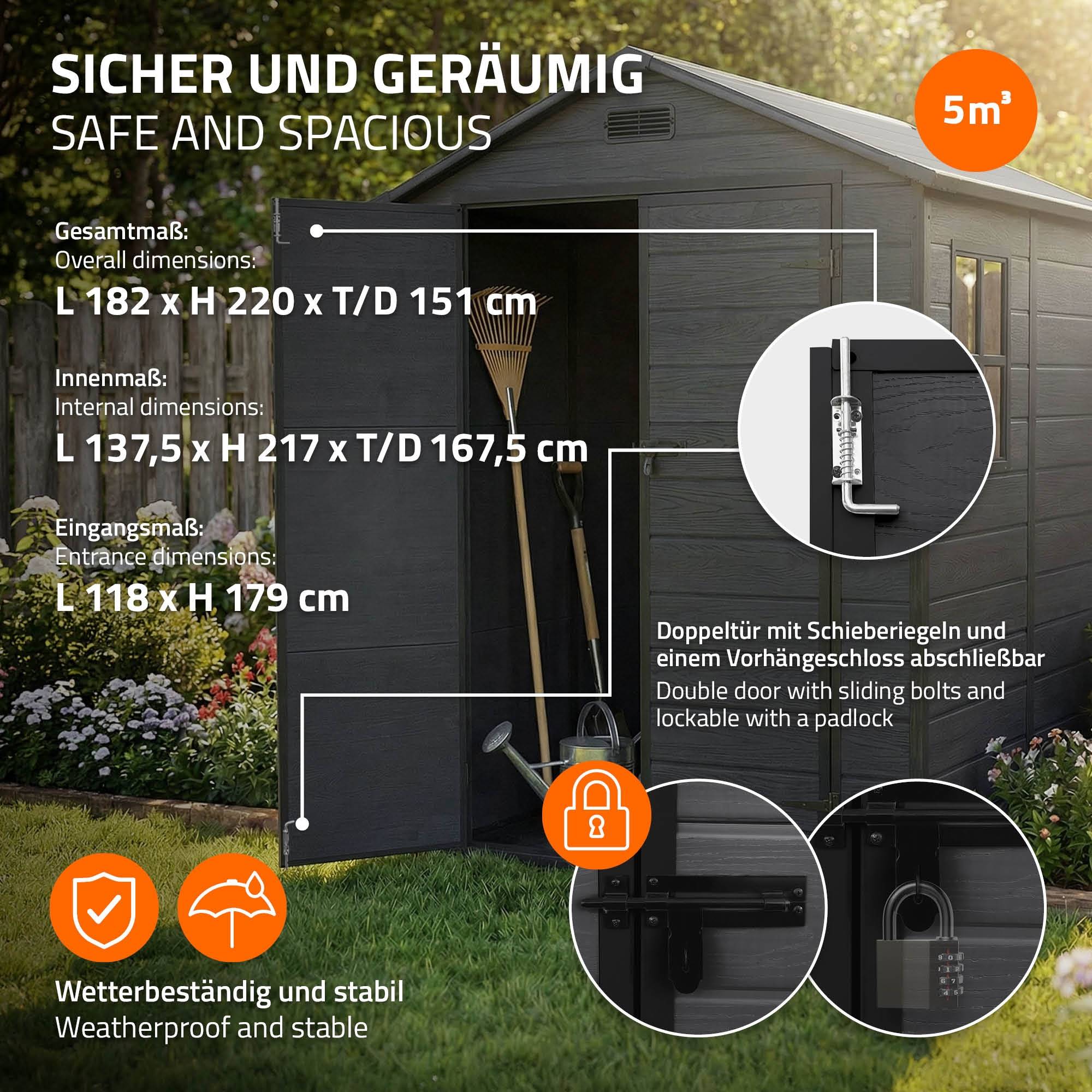 Abri de jardin en résine PP 5 m³ gris foncé avec plancher toit double pente fenêtre porte double ventilation cabane de rangement 151x182x220 cm - Image 5