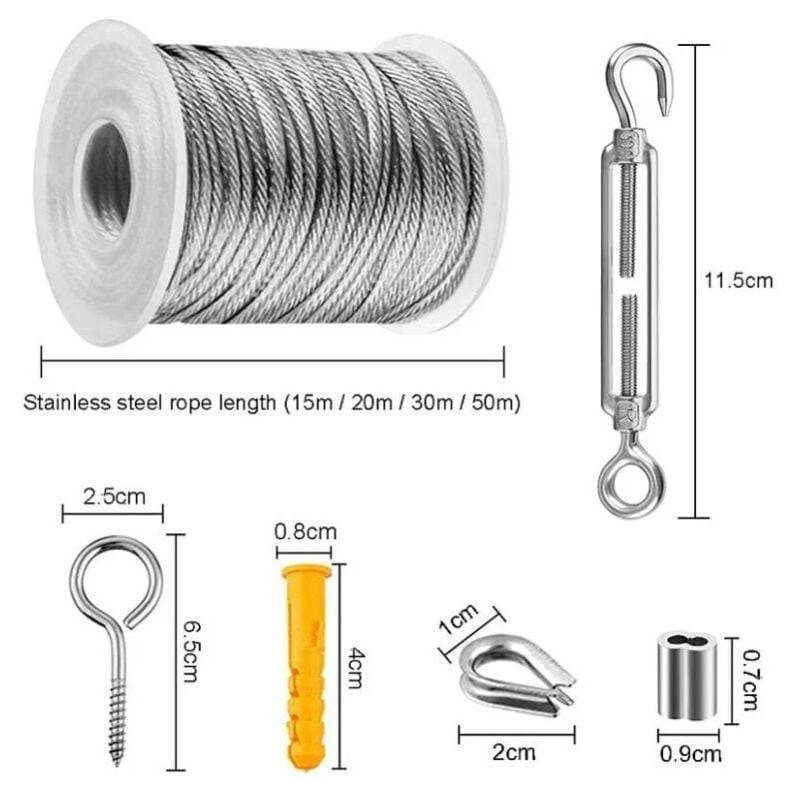 Corde en acier inoxydable, corde suspendue en acier inoxydable, corde à linge extérieure, câble métallique extérieur (15M)-Lytech - Image 2