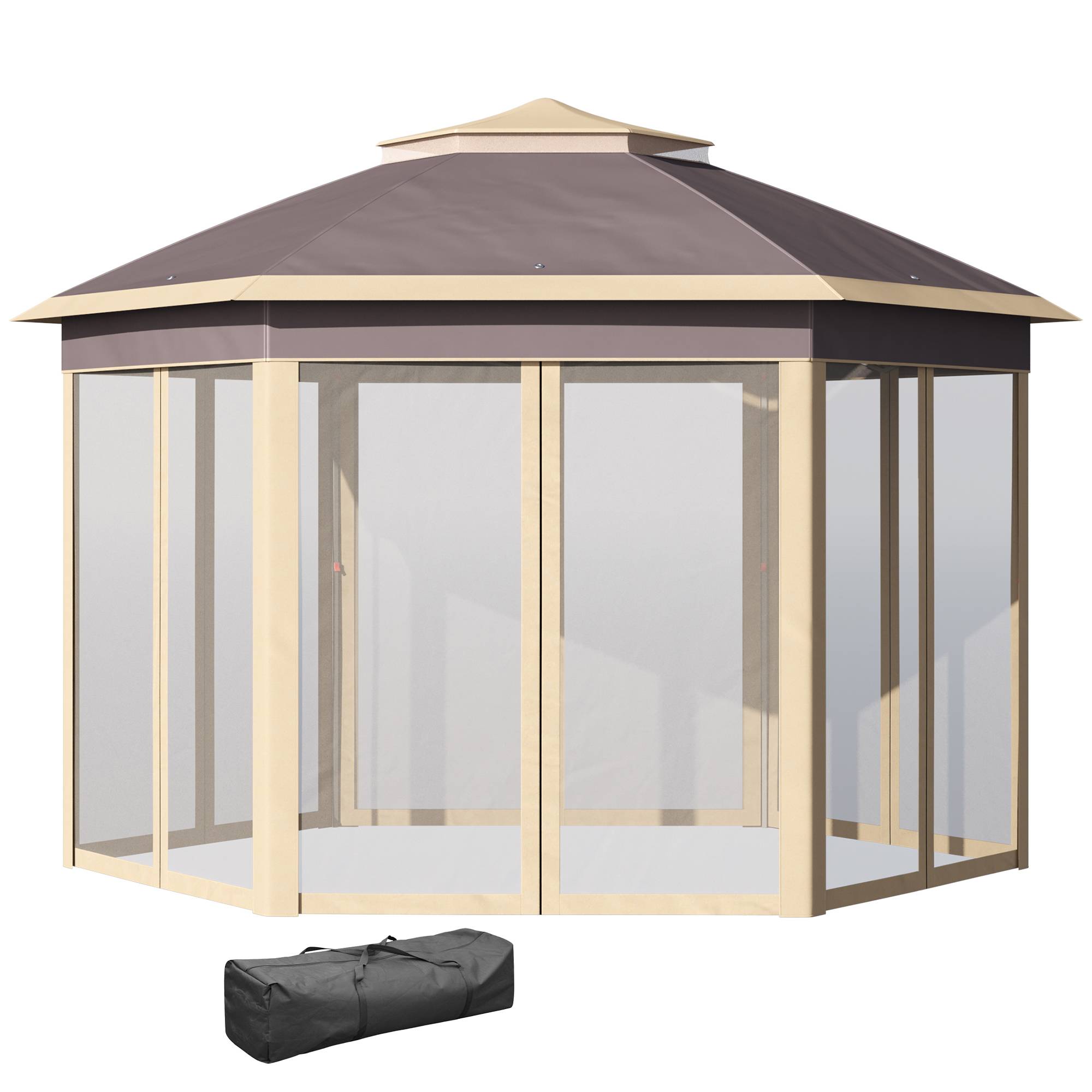 Gazebo de jardin hexagonal 4,05 x 3,4 x 2,85 m avec double toit, 6 moustiquaires amovibles, sac de rangement et traitement anti-UV beige - Image 2