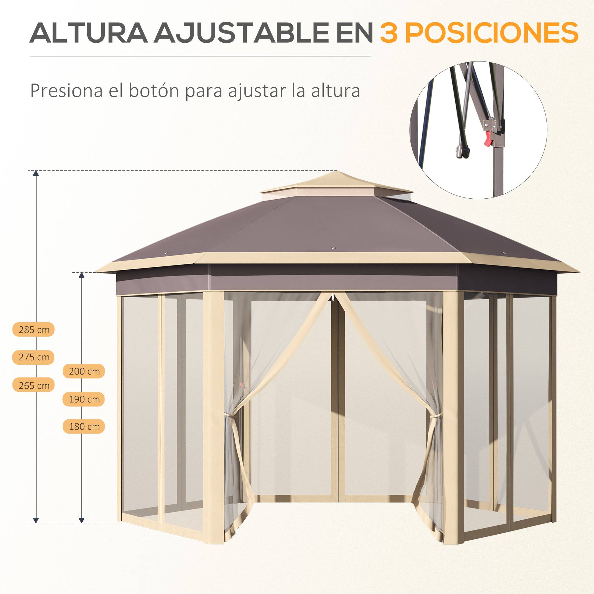 Gazebo de jardin hexagonal 4,05 x 3,4 x 2,85 m avec double toit, 6 moustiquaires amovibles, sac de rangement et traitement anti-UV beige - Image 7