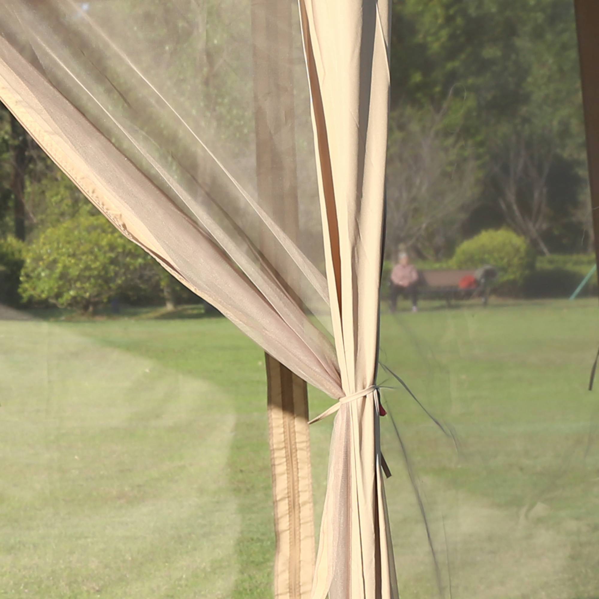Gazebo de jardin hexagonal 4,05 x 3,4 x 2,85 m avec double toit, 6 moustiquaires amovibles, sac de rangement et traitement anti-UV beige - Image 10