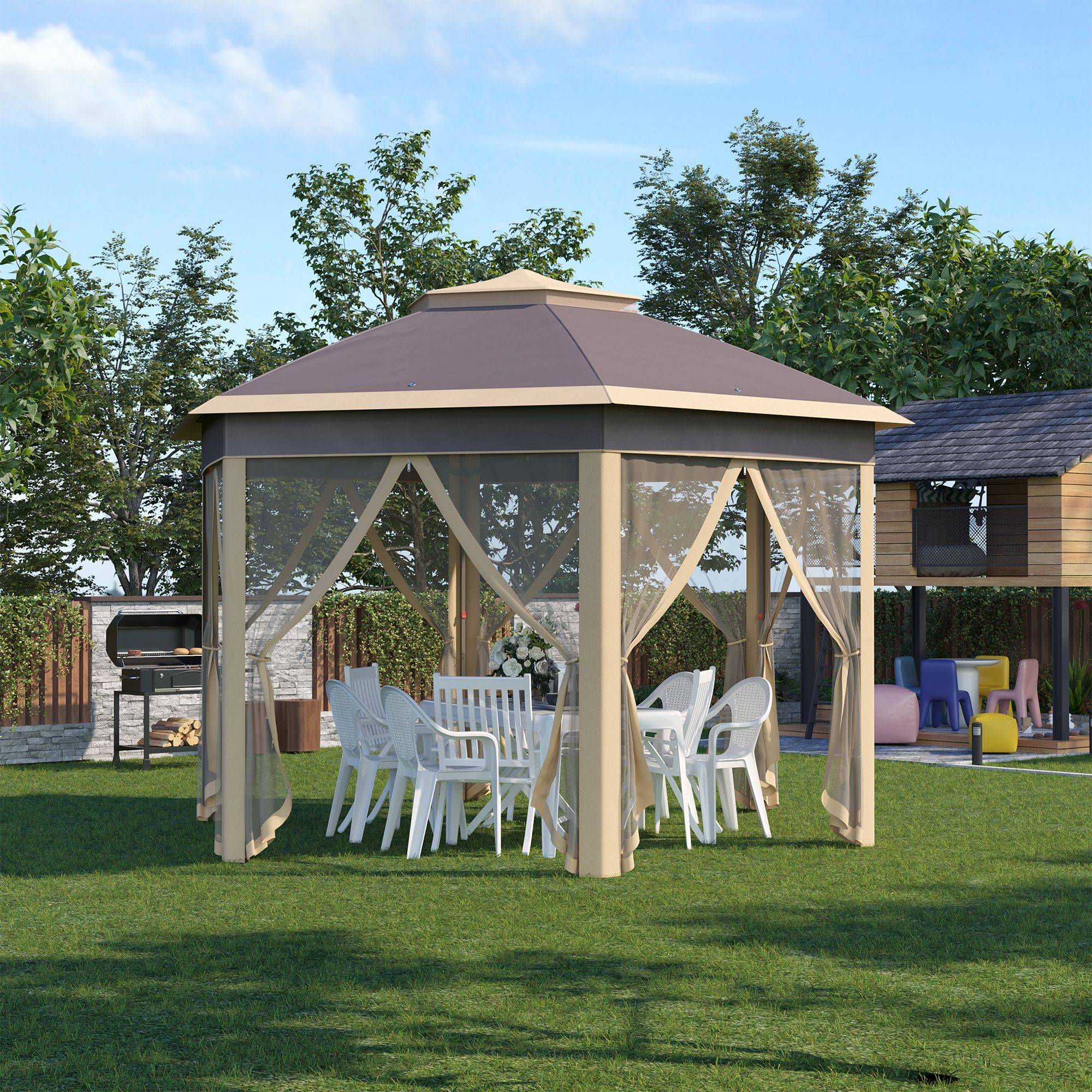 Gazebo de jardin hexagonal 4,05 x 3,4 x 2,85 m avec double toit, 6 moustiquaires amovibles, sac de rangement et traitement anti-UV beige - Image 3