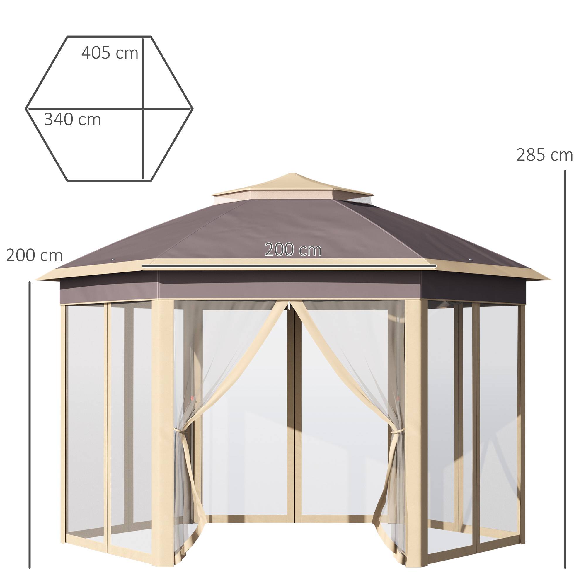 Gazebo de jardin hexagonal 4,05 x 3,4 x 2,85 m avec double toit, 6 moustiquaires amovibles, sac de rangement et traitement anti-UV beige - Image 5