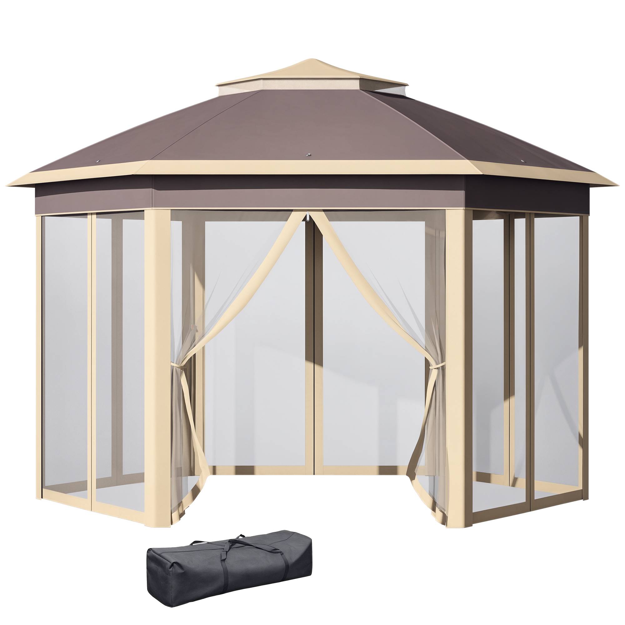 Gazebo de jardin hexagonal 4,05 x 3,4 x 2,85 m avec double toit, 6 moustiquaires amovibles, sac de rangement et traitement anti-UV beige - Image 1
