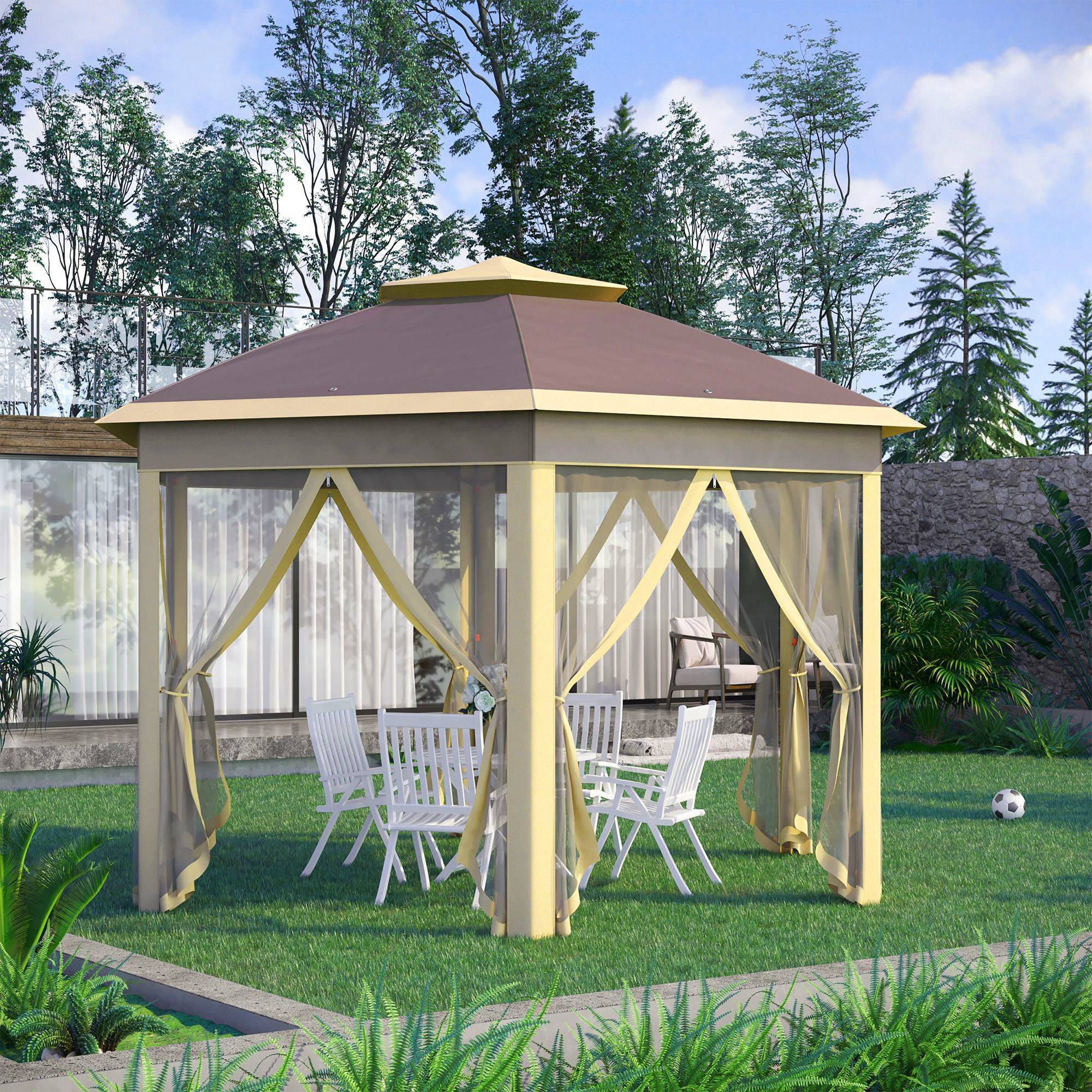 Gazebo de jardin hexagonal 4,05 x 3,4 x 2,85 m avec double toit, 6 moustiquaires amovibles, sac de rangement et traitement anti-UV beige - Image 4