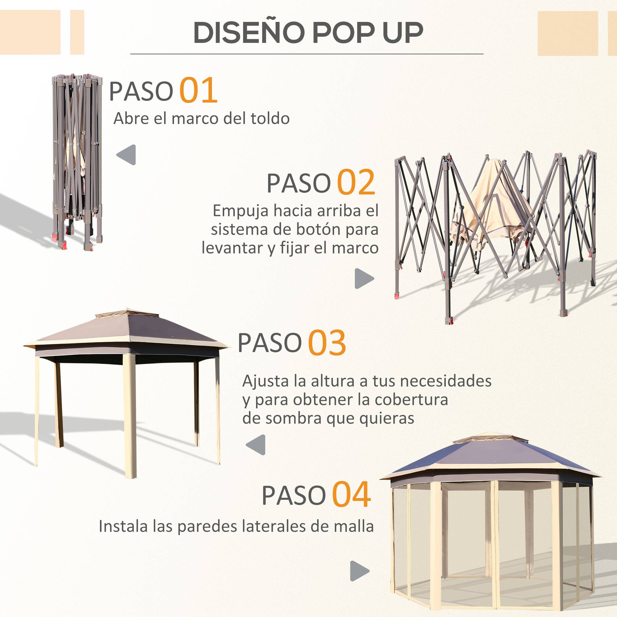 Gazebo de jardin hexagonal 4,05 x 3,4 x 2,85 m avec double toit, 6 moustiquaires amovibles, sac de rangement et traitement anti-UV beige - Image 8