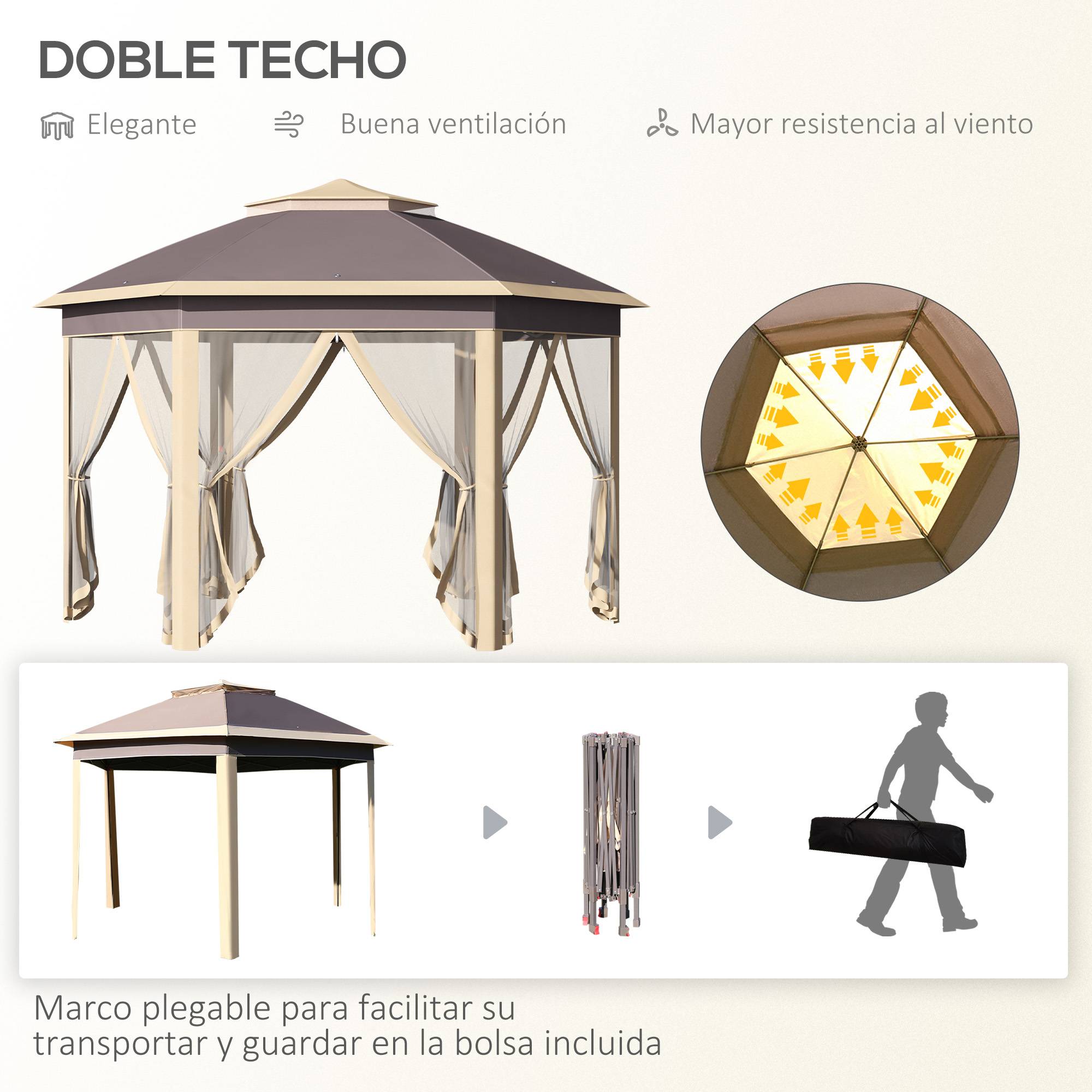 Gazebo de jardin hexagonal 4,05 x 3,4 x 2,85 m avec double toit, 6 moustiquaires amovibles, sac de rangement et traitement anti-UV beige - Image 6