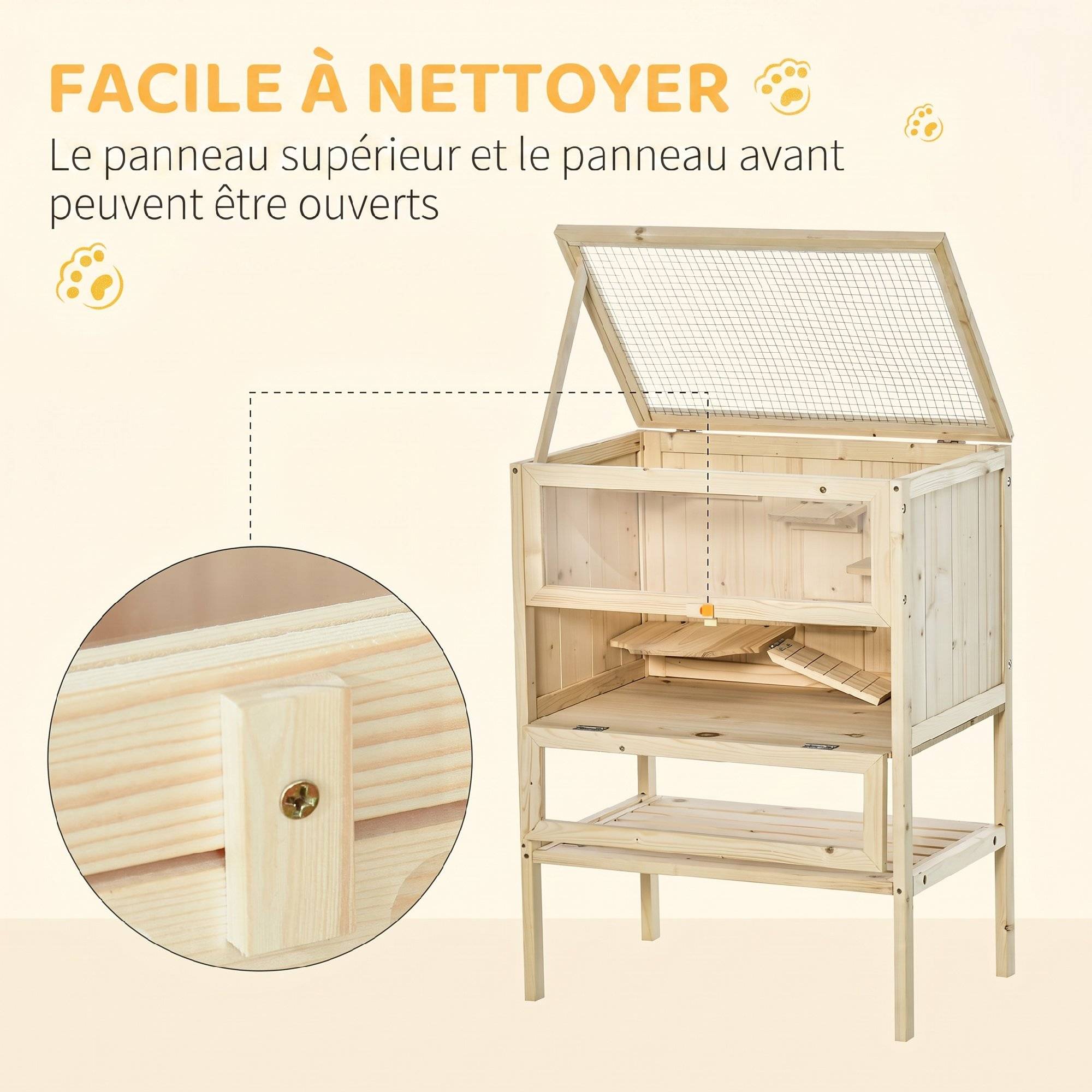 Cage hamster bois 3 niveaux, plateformes, échelles, fenêtre, toit ouvrable, 60x40x80cm, naturel - Image 7