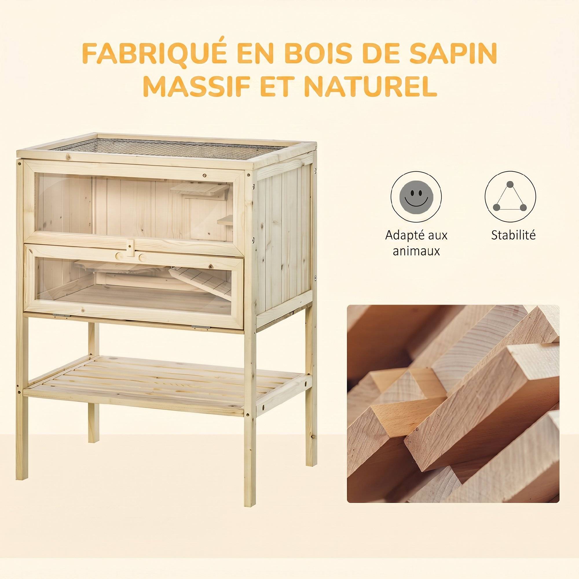 Cage hamster bois 3 niveaux, plateformes, échelles, fenêtre, toit ouvrable, 60x40x80cm, naturel - Image 9