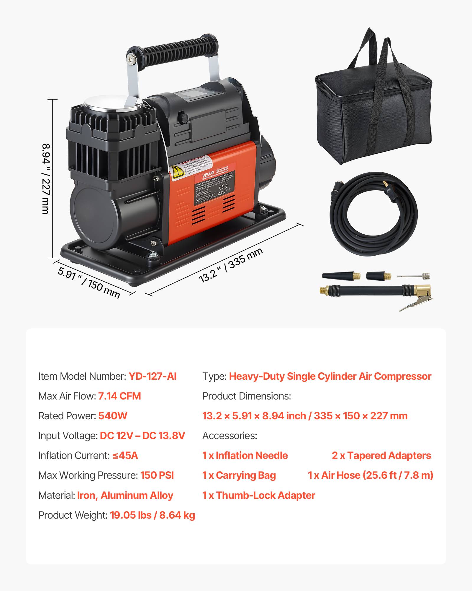 Vevor - VEVOR Compresseur d'air 12 V 202 L/min 540 W, arrêt automatique 10,3 bar, écran LCD, tuyau 7,8 m, adaptateurs, sacoche. - Image 6