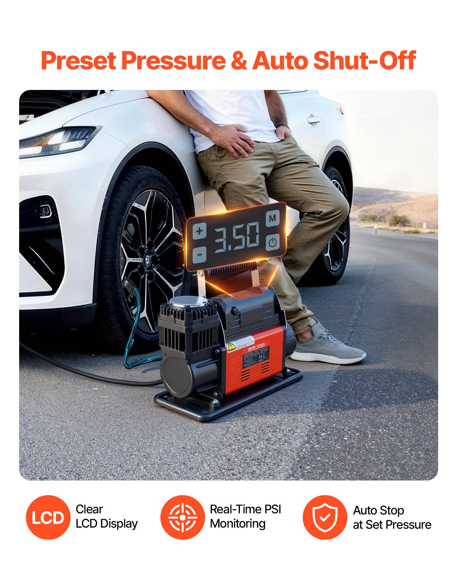 Vevor - VEVOR Compresseur d'air 12 V 202 L/min 540 W, arrêt automatique 10,3 bar, écran LCD, tuyau 7,8 m, adaptateurs, sacoche. - Image 3