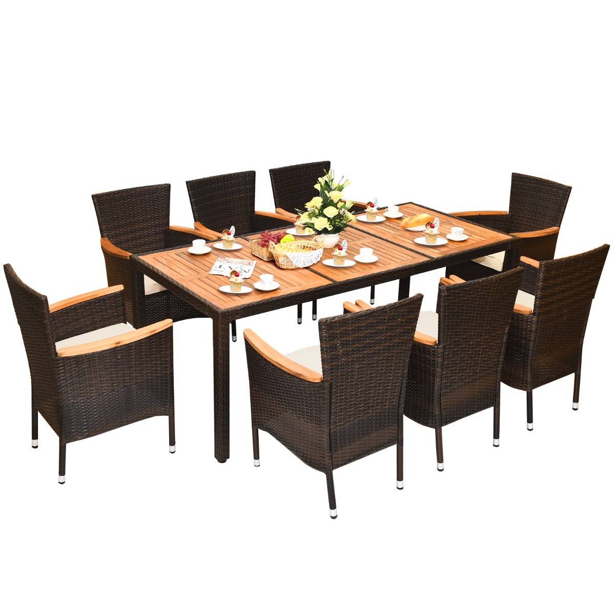 9 Pcs Salon de Jardin en Rotin Plateau en Acacia Ensemble de Salle à Manger avec Coussins Amovibles MAISON CHIC - Image 5