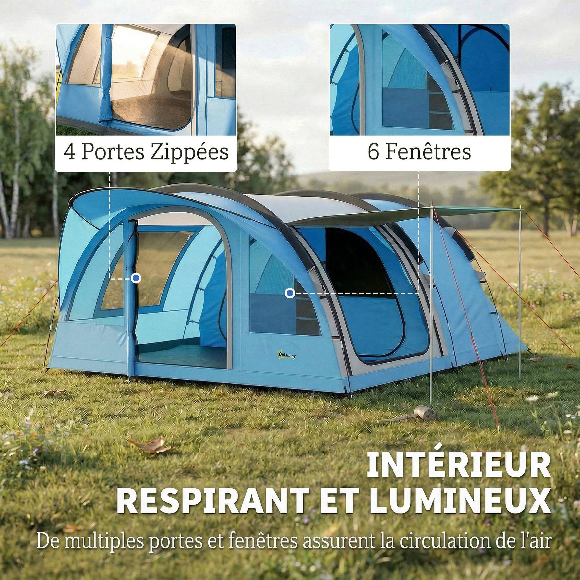 ComfortXL - Grande tente tunnel camping polyester 4 personnes séjour XL imperméable 3000 mm bleu - ComfortXL Outdoor Living - Image 8