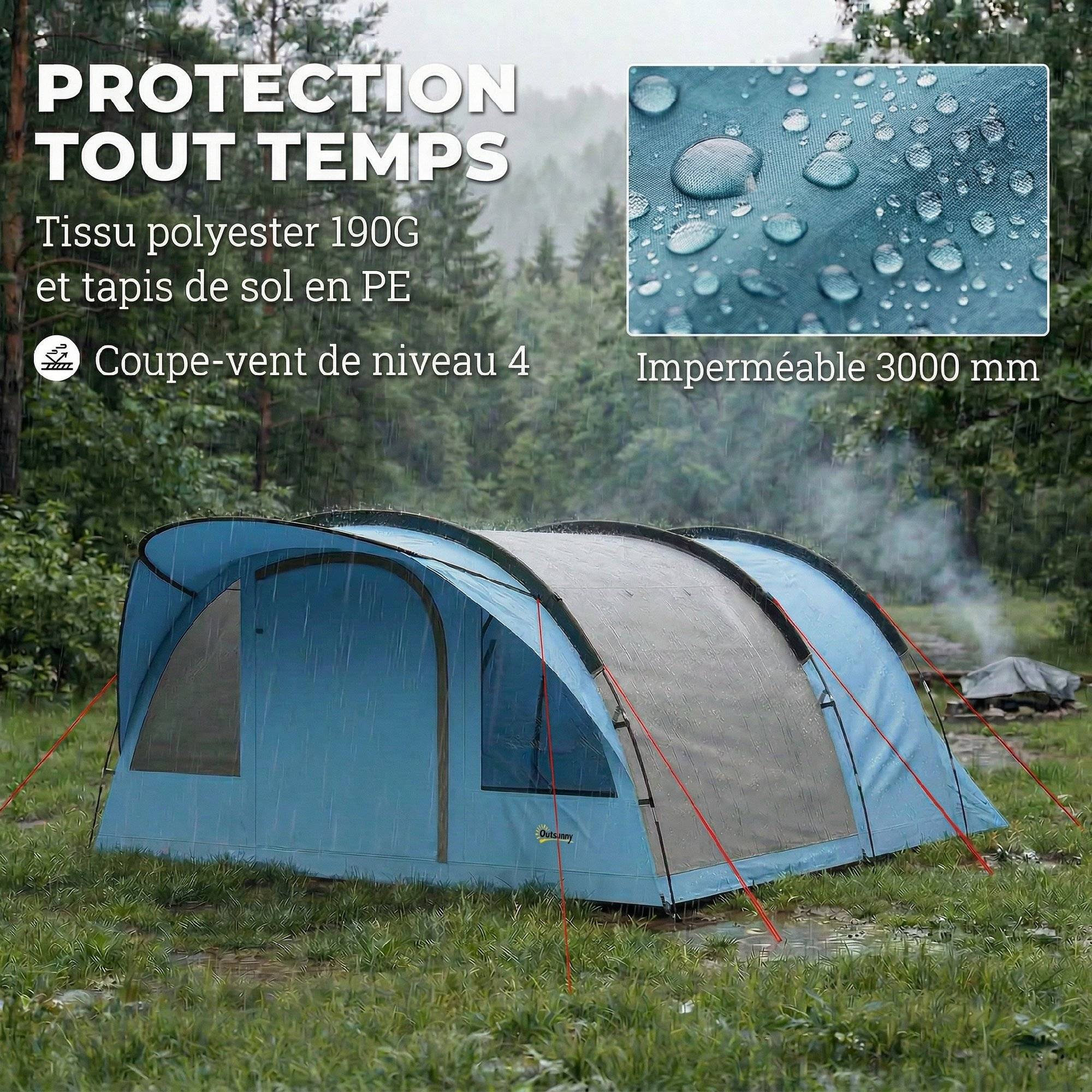 ComfortXL - Grande tente tunnel camping polyester 4 personnes séjour XL imperméable 3000 mm bleu - ComfortXL Outdoor Living - Image 7