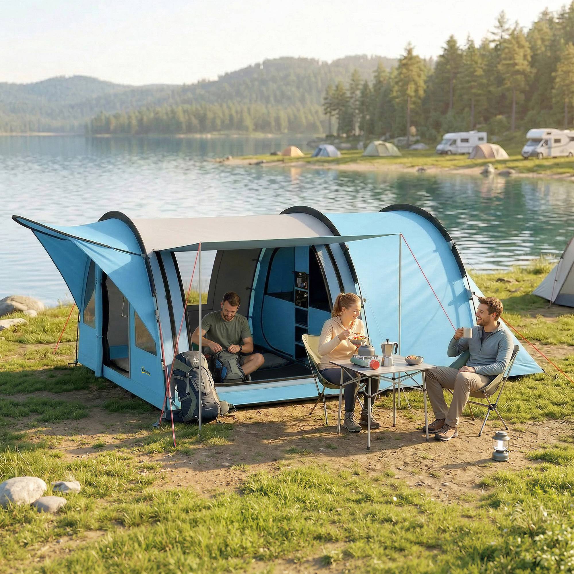 ComfortXL - Grande tente tunnel camping polyester 4 personnes séjour XL imperméable 3000 mm bleu - ComfortXL Outdoor Living - Image 4