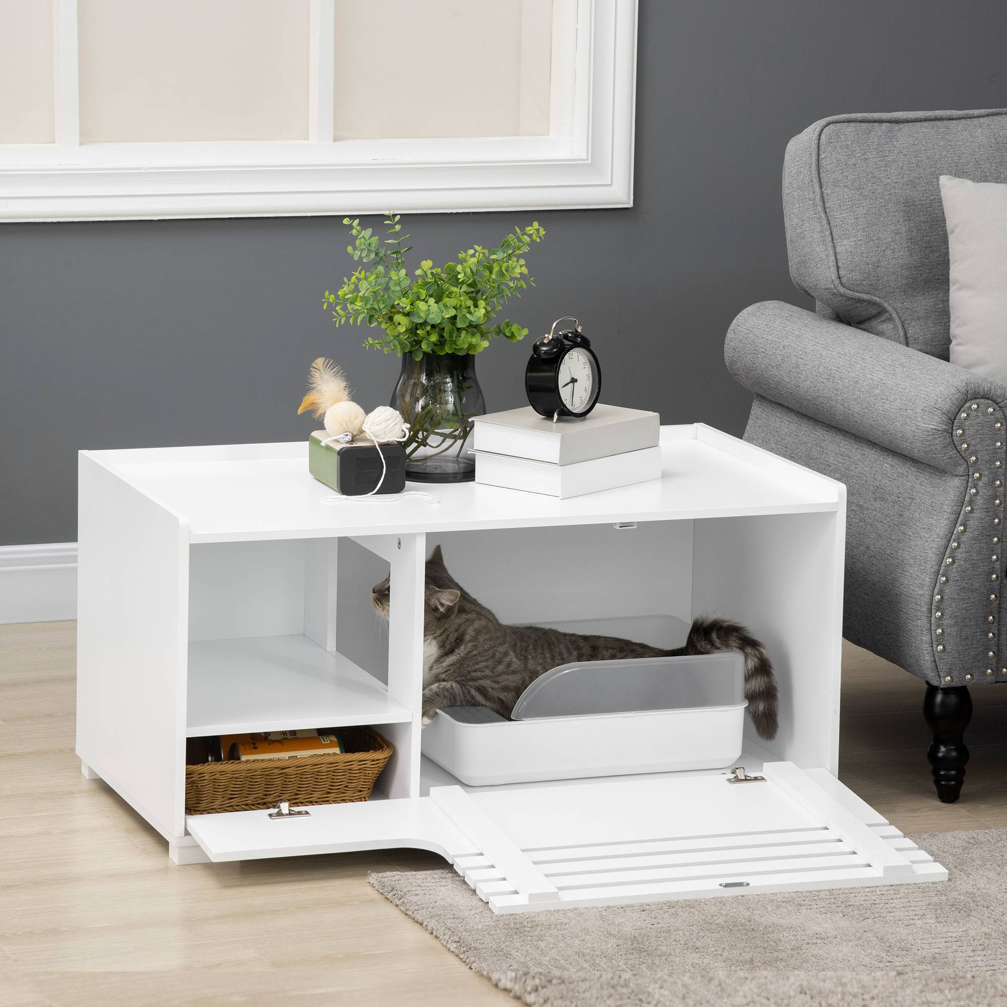 Meuble pour chat à 2 étagères, design 2 en 1, porte magnétique, blanc - Image 3