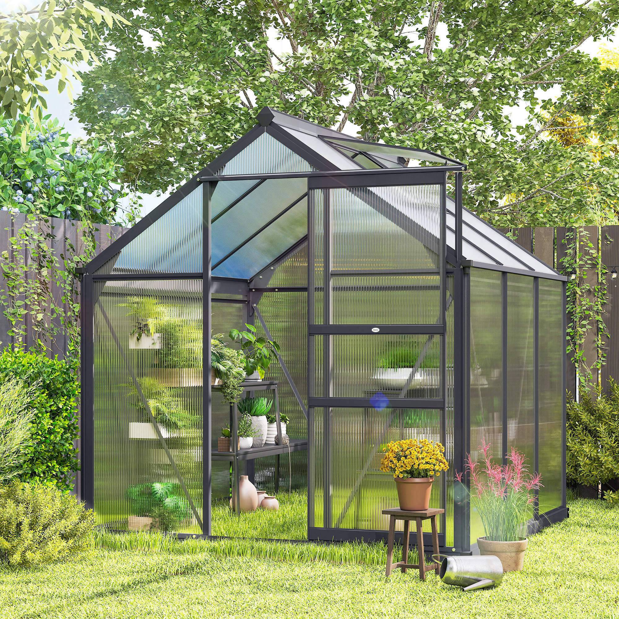 ComfortXL - Serre de jardin polycarbonate 4 mm aluminium 190 x 192 x 201 cm grise avec base porte coulissante et aération - Image 5