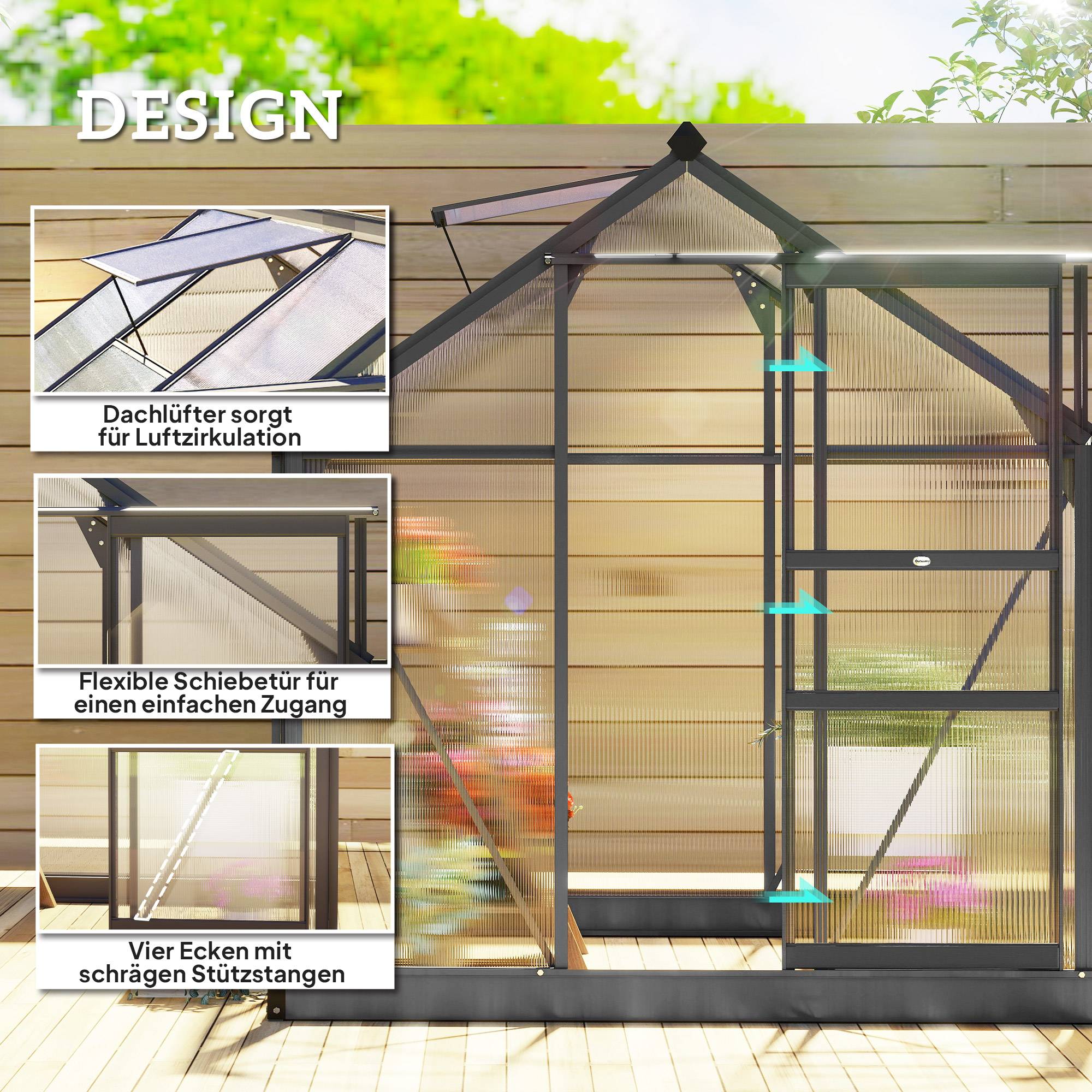 ComfortXL - Serre de jardin polycarbonate 4 mm aluminium 190 x 192 x 201 cm grise avec base porte coulissante et aération - Image 1