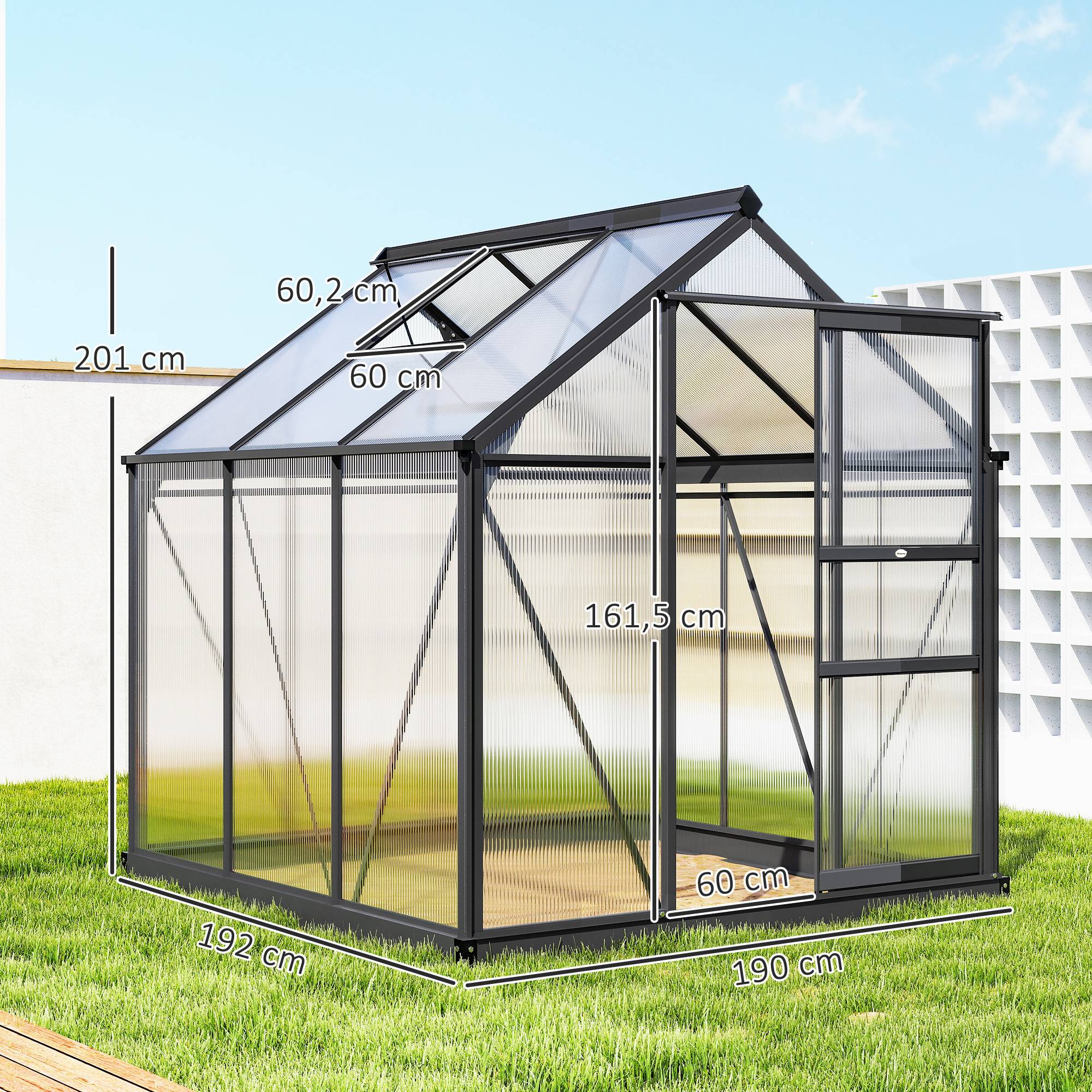 ComfortXL - Serre de jardin polycarbonate 4 mm aluminium 190 x 192 x 201 cm grise avec base porte coulissante et aération - Image 2