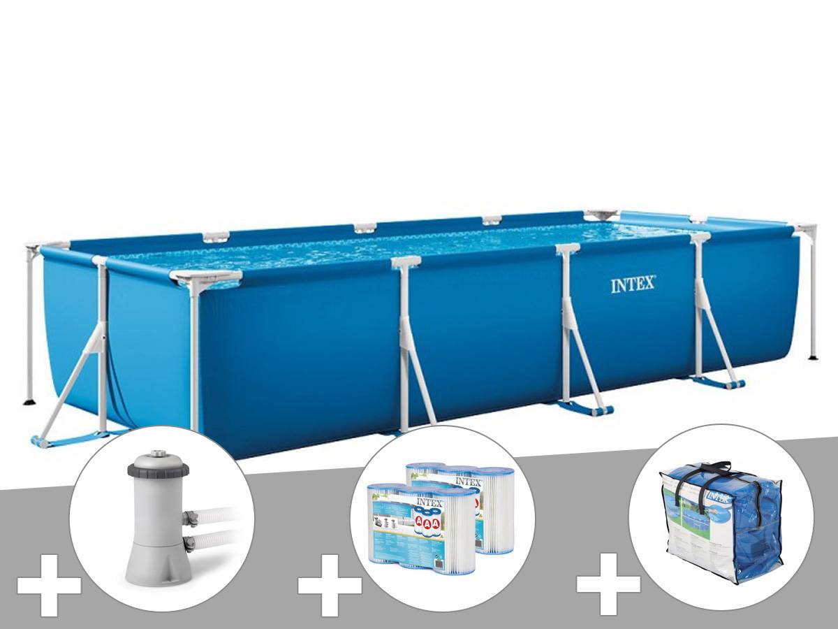Kit piscine tubulaire rectangulaire Intex 4,50 x 2,20 x 0,84 m + Filtration à cartouche + 6 cartouches de filtration + Bâche à bulles - Image 1