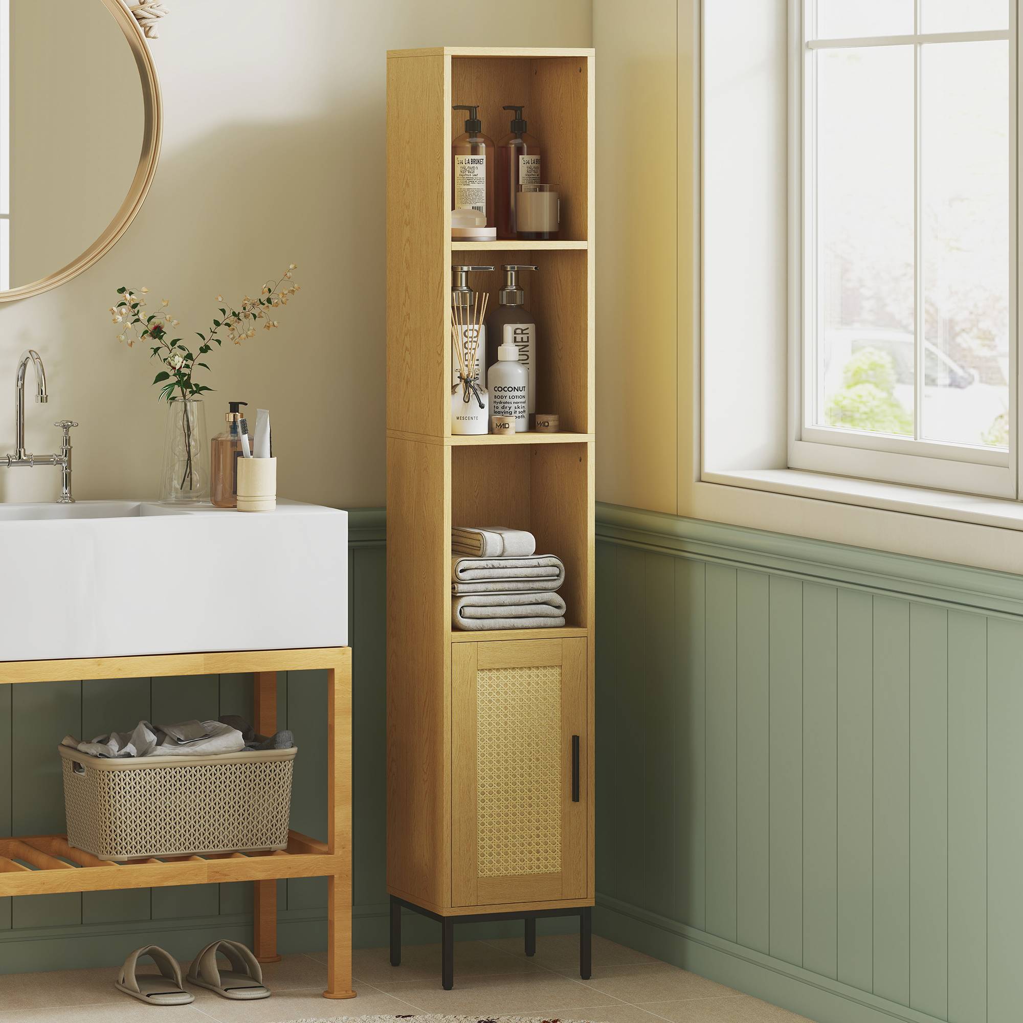 Sans Marque - Armoire de salle de bain haute et étroite avec étagères ouvertes et étagère réglable, aspect bois naturel - Image 3
