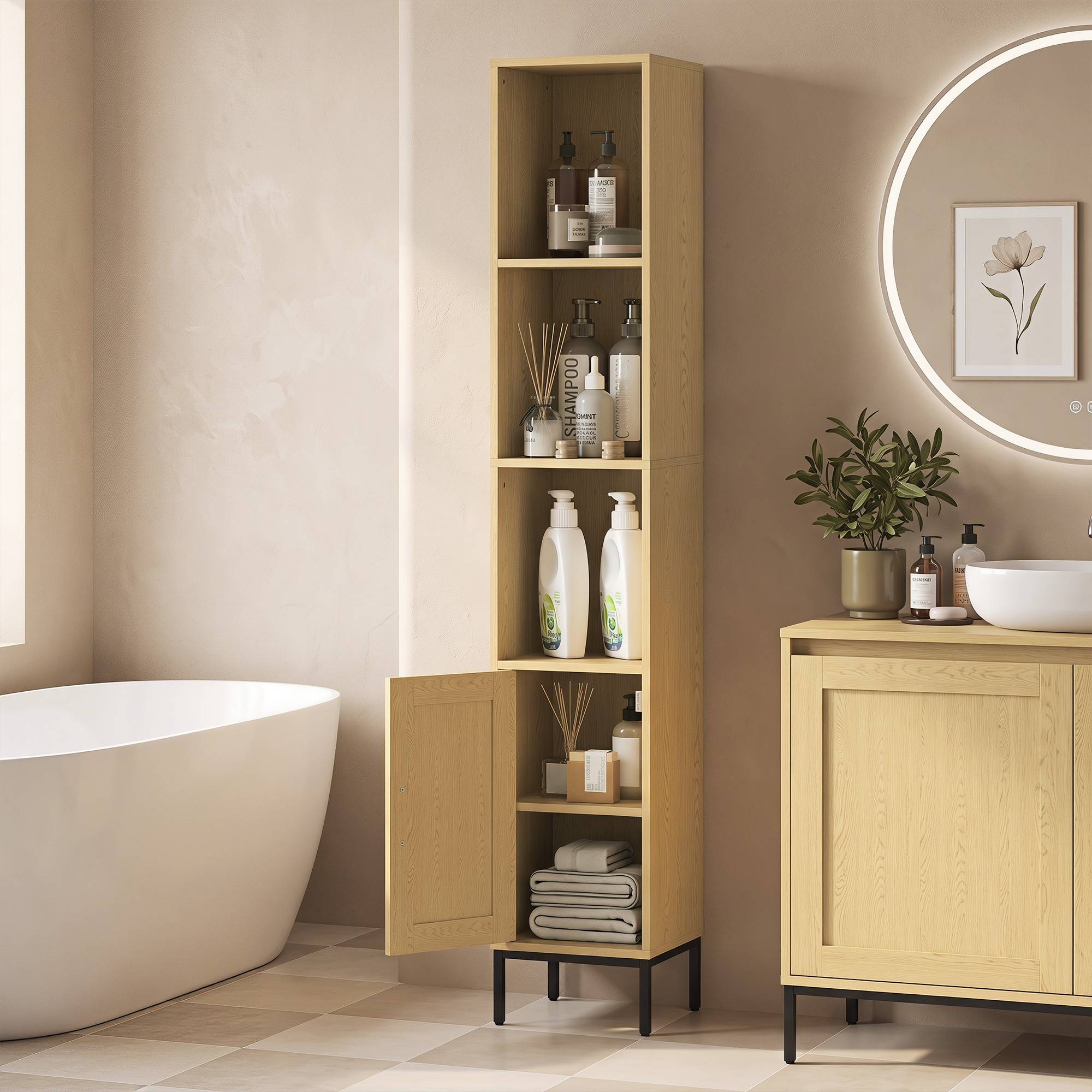 Sans Marque - Armoire de salle de bain haute et étroite avec étagères ouvertes et étagère réglable, aspect bois naturel - Image 4