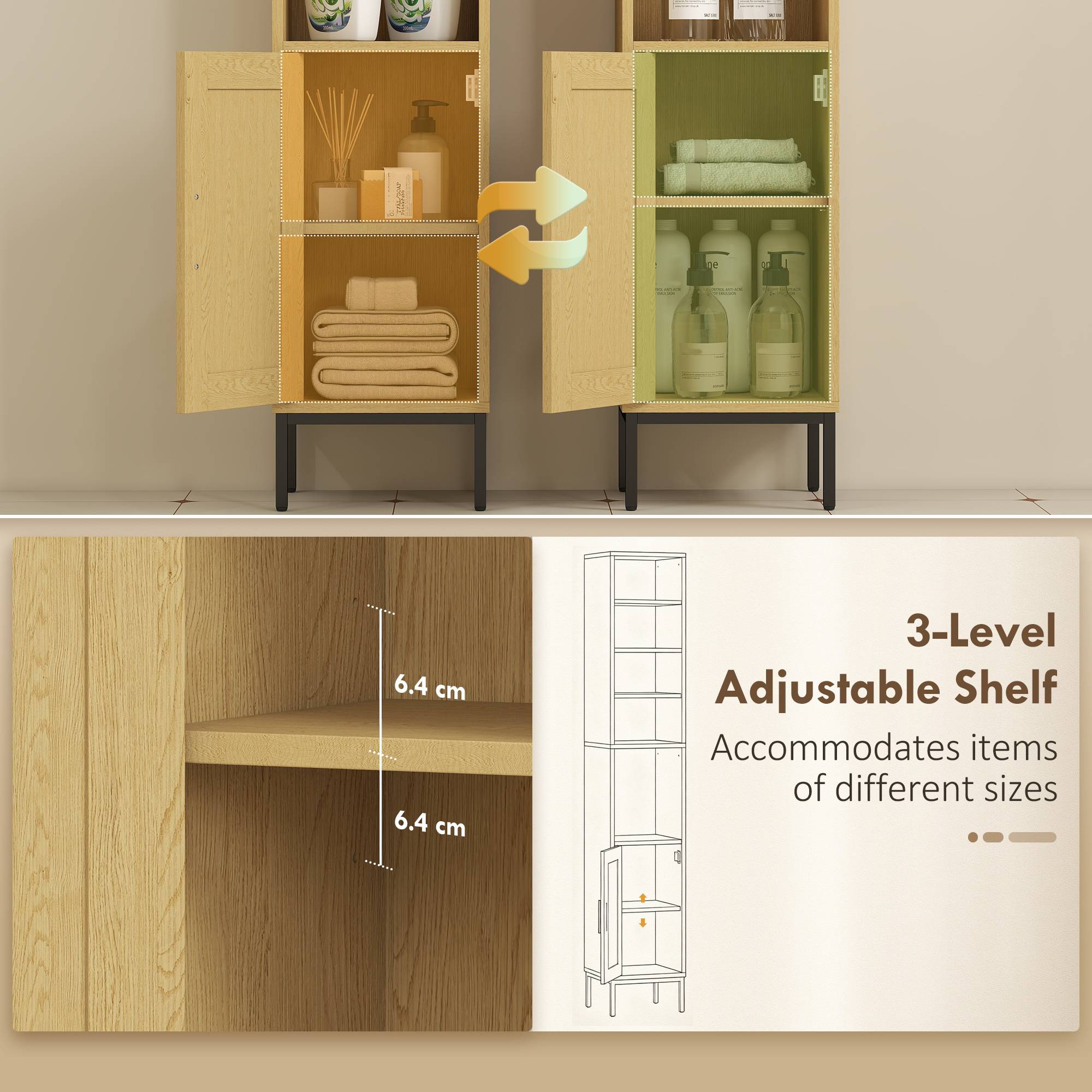 Sans Marque - Armoire de salle de bain haute et étroite avec étagères ouvertes et étagère réglable, aspect bois naturel - Image 7
