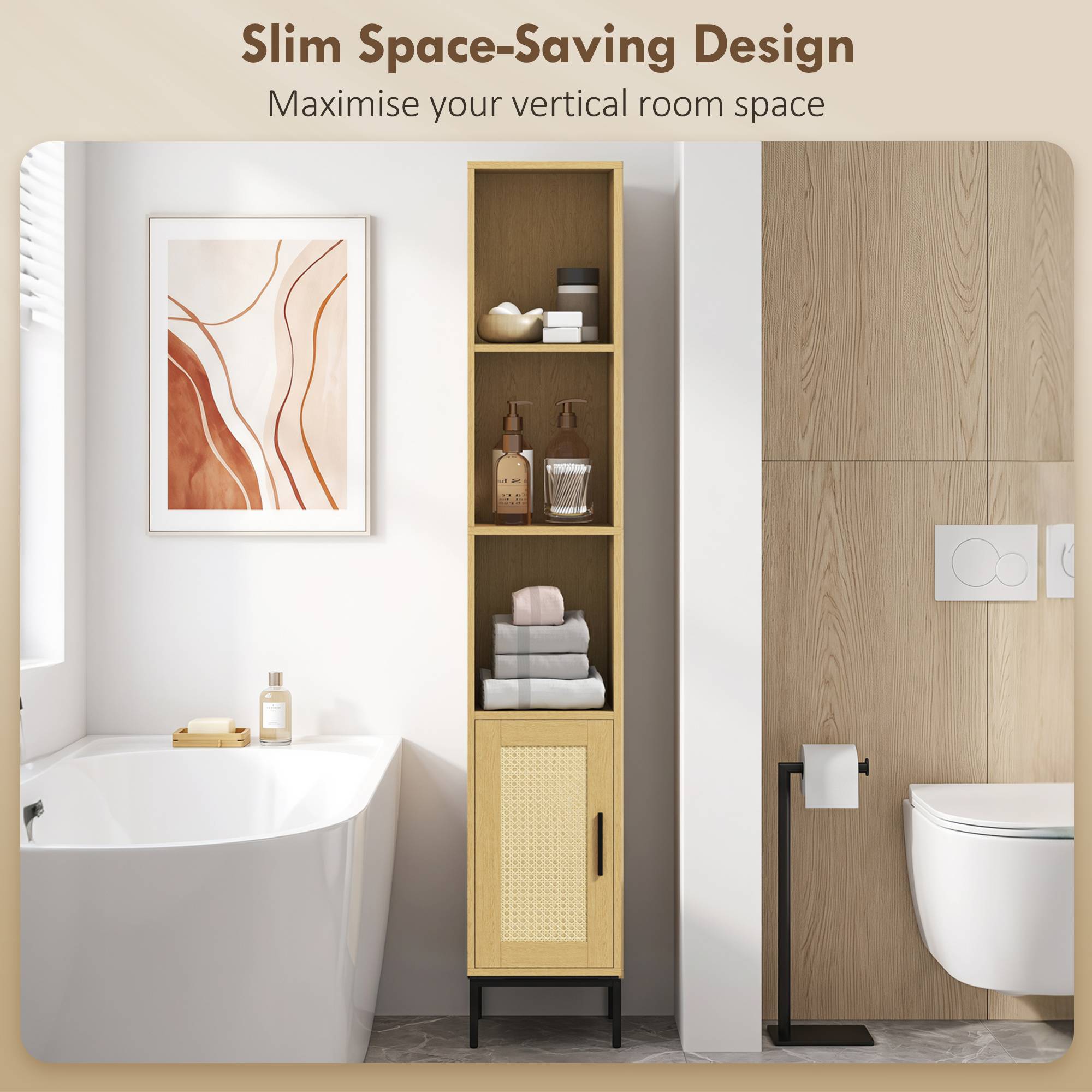 Sans Marque - Armoire de salle de bain haute et étroite avec étagères ouvertes et étagère réglable, aspect bois naturel - Image 8