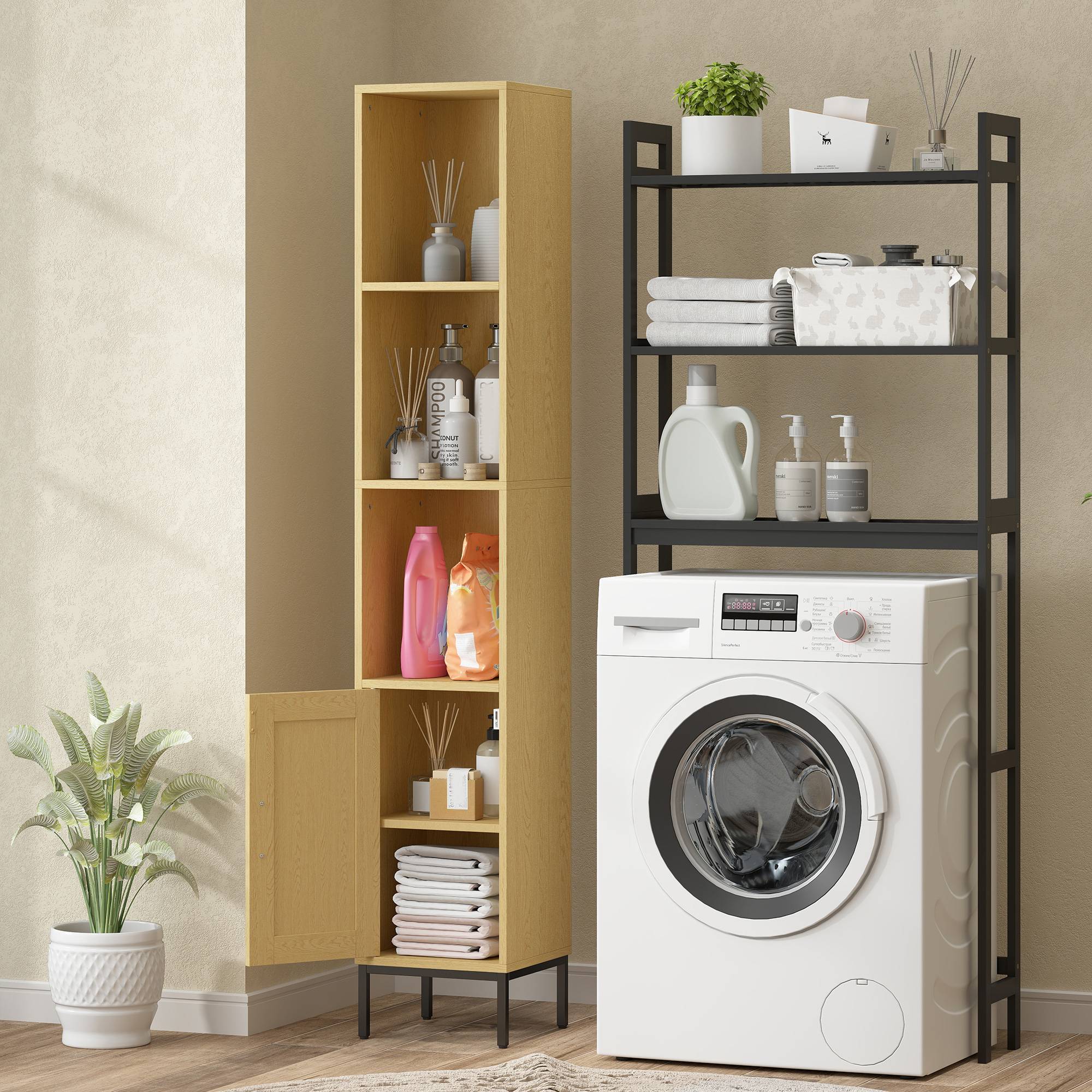 Sans Marque - Armoire de salle de bain haute et étroite avec étagères ouvertes et étagère réglable, aspect bois naturel - Image 10