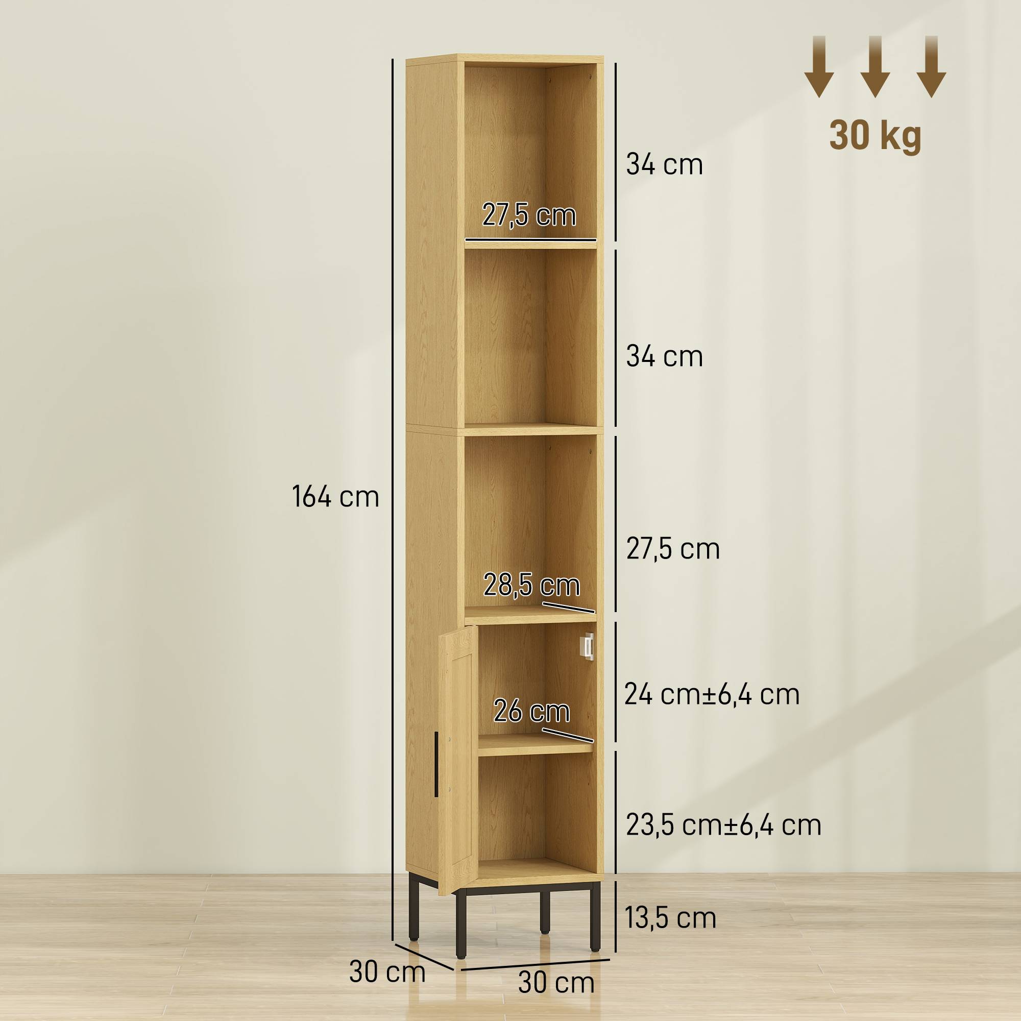 Sans Marque - Armoire de salle de bain haute et étroite avec étagères ouvertes et étagère réglable, aspect bois naturel - Image 5