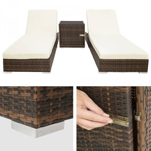 Helloshop26 - Lot de deux chaises longue bain de soleil en résine tressé poly rotin + table + deux set de housses + housse de protection marron - Image 3