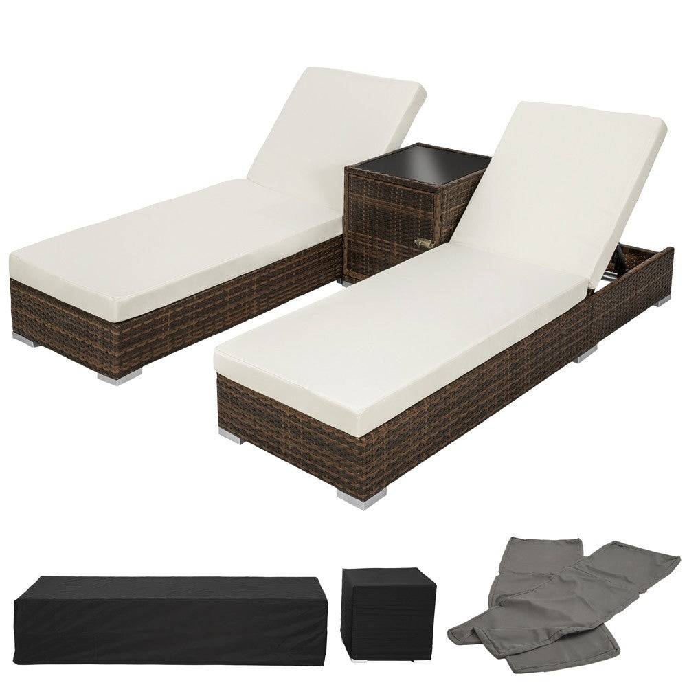 Helloshop26 - Lot de deux chaises longue bain de soleil en résine tressé poly rotin + table + deux set de housses + housse de protection marron - Image 1