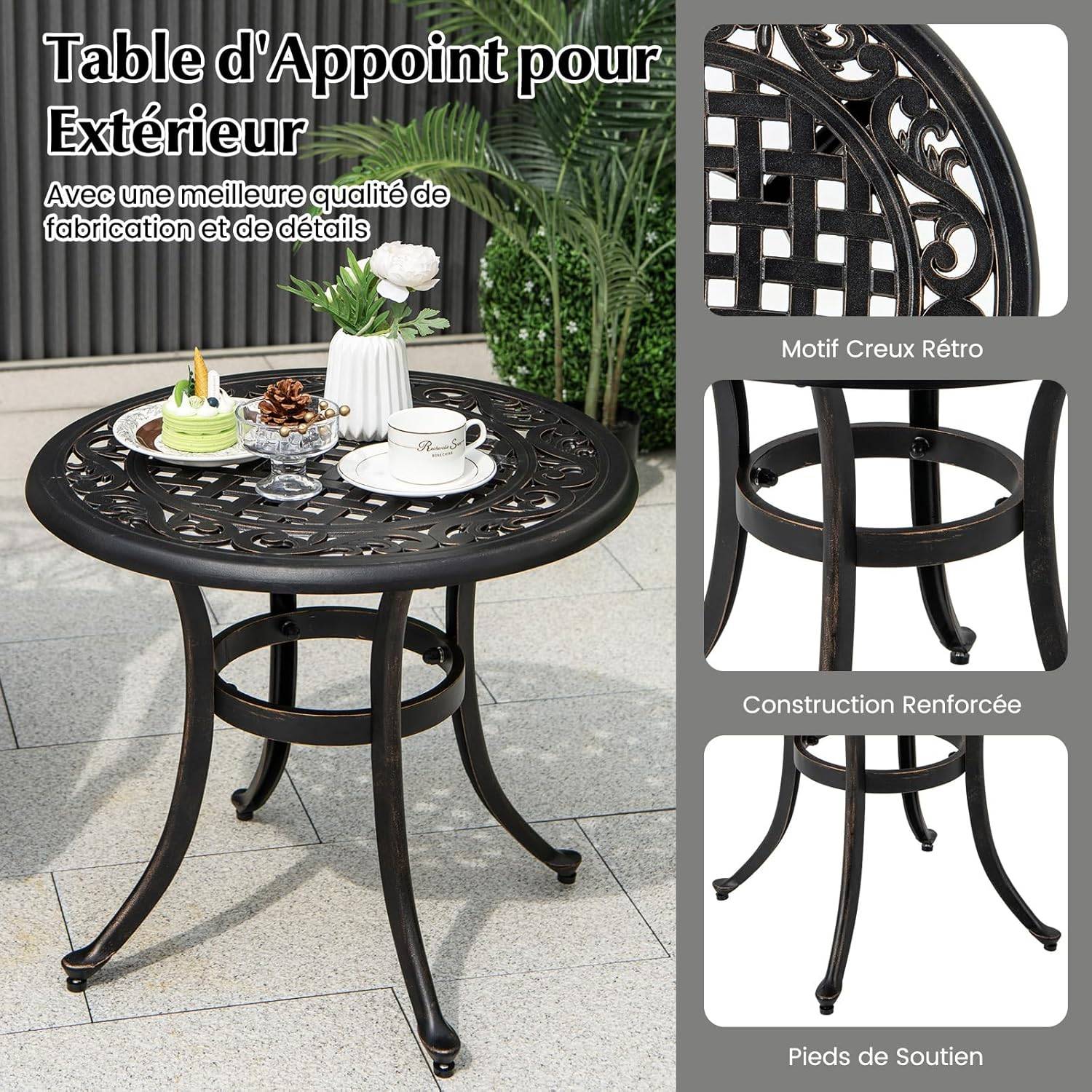 Table de Jardin Ronde 60 CM en Fonte d'Aluminium, Table d'Appoint d’Extérieur, Noir - Image 3
