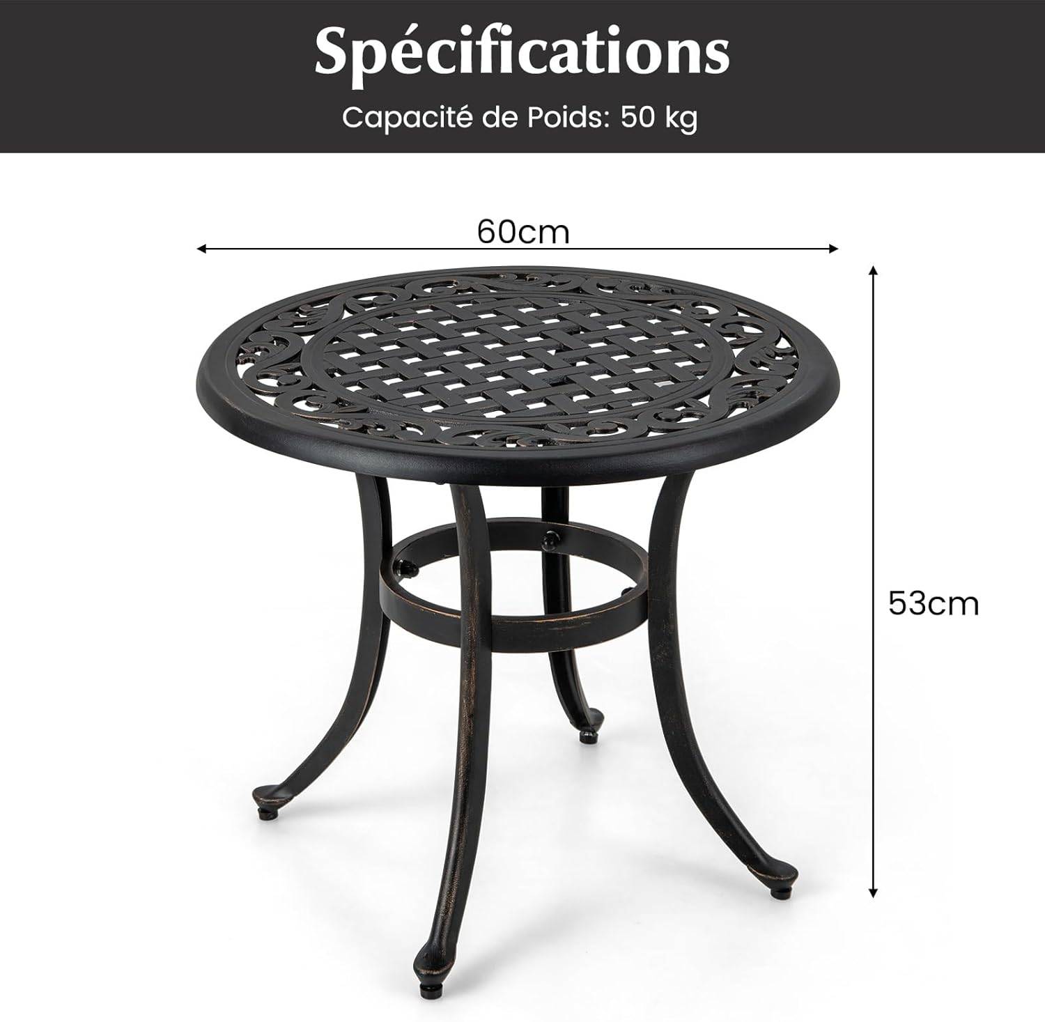Table de Jardin Ronde 60 CM en Fonte d'Aluminium, Table d'Appoint d’Extérieur, Noir - Image 4