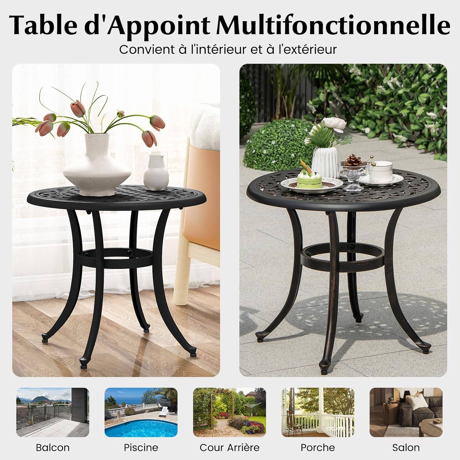 Table de Jardin Ronde 60 CM en Fonte d'Aluminium, Table d'Appoint d’Extérieur, Noir - Image 7