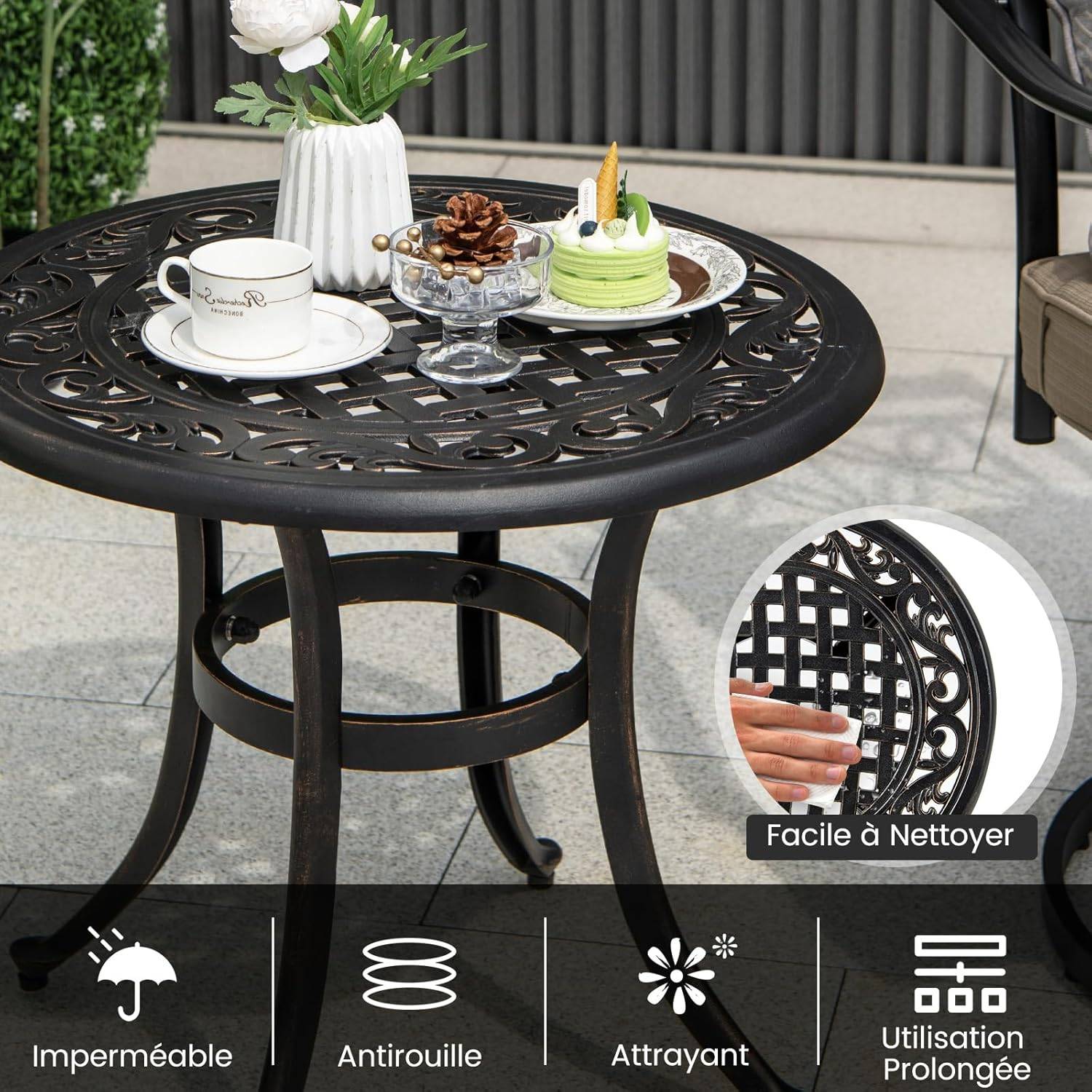 Table de Jardin Ronde 60 CM en Fonte d'Aluminium, Table d'Appoint d’Extérieur, Noir - Image 6
