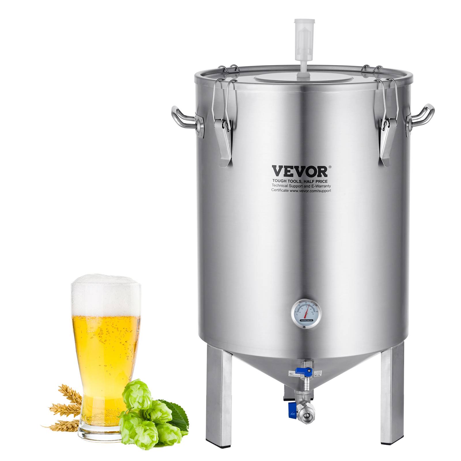 VEVOR Cuve brassage bière inox 304, 60L, avec base, couvercle, robinet, thermomètre, pour brasseur maison. - Image 1