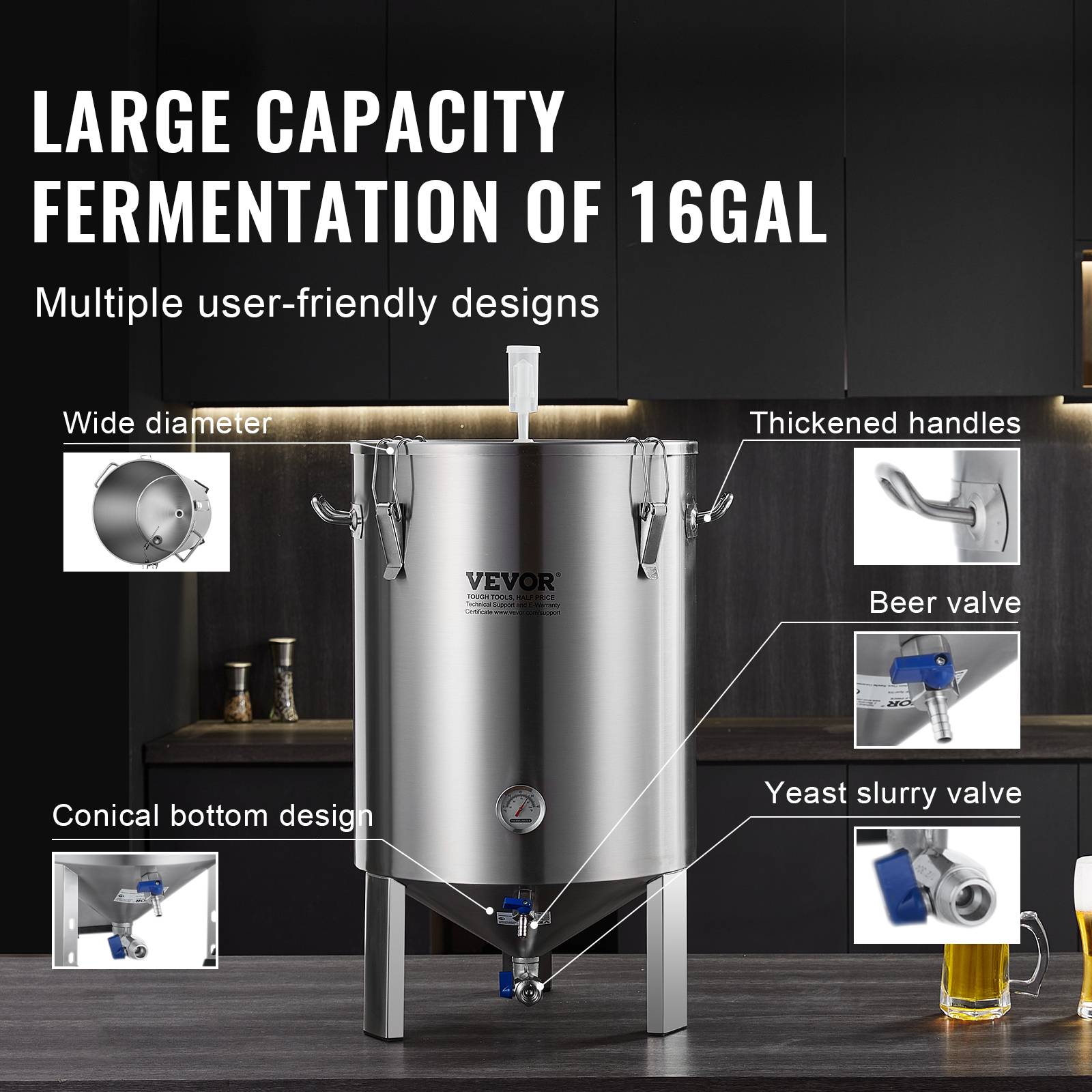 VEVOR Cuve brassage bière inox 304, 60L, avec base, couvercle, robinet, thermomètre, pour brasseur maison. - Image 6