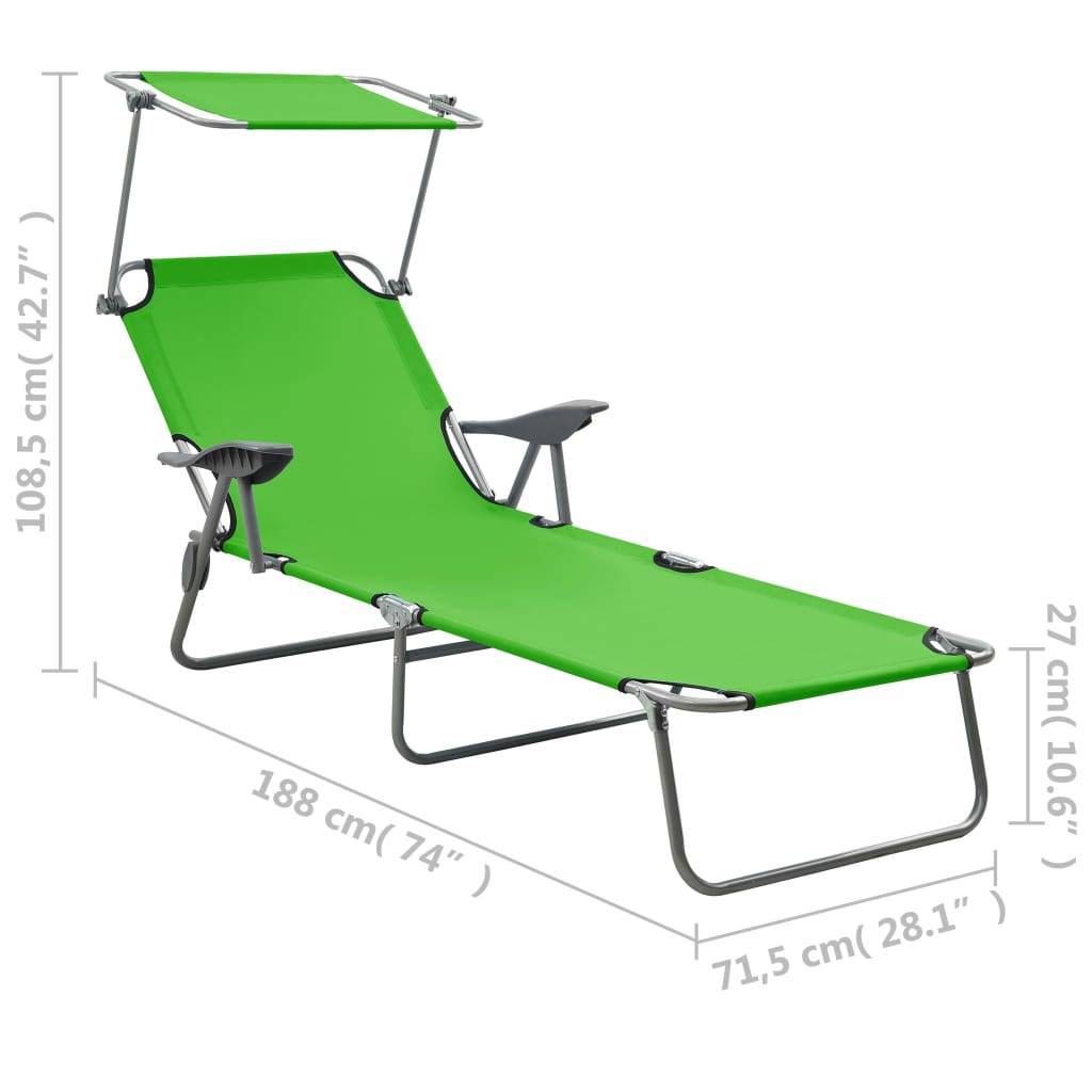 Helloshop26 - Transat chaise longue bain de soleil lit de jardin terrasse meuble d'extérieur 188 cm avec auvent acier vert - Image 6