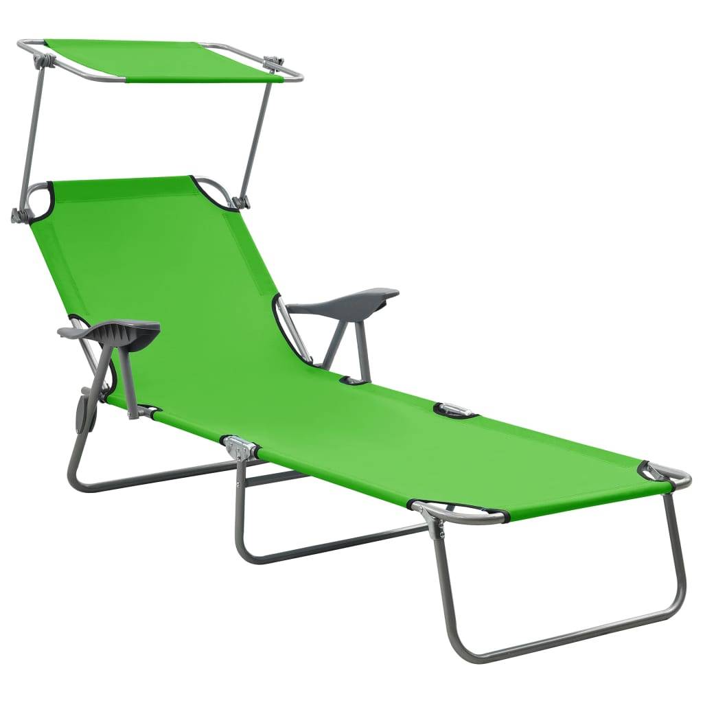 Helloshop26 - Transat chaise longue bain de soleil lit de jardin terrasse meuble d'extérieur 188 cm avec auvent acier vert - Image 1