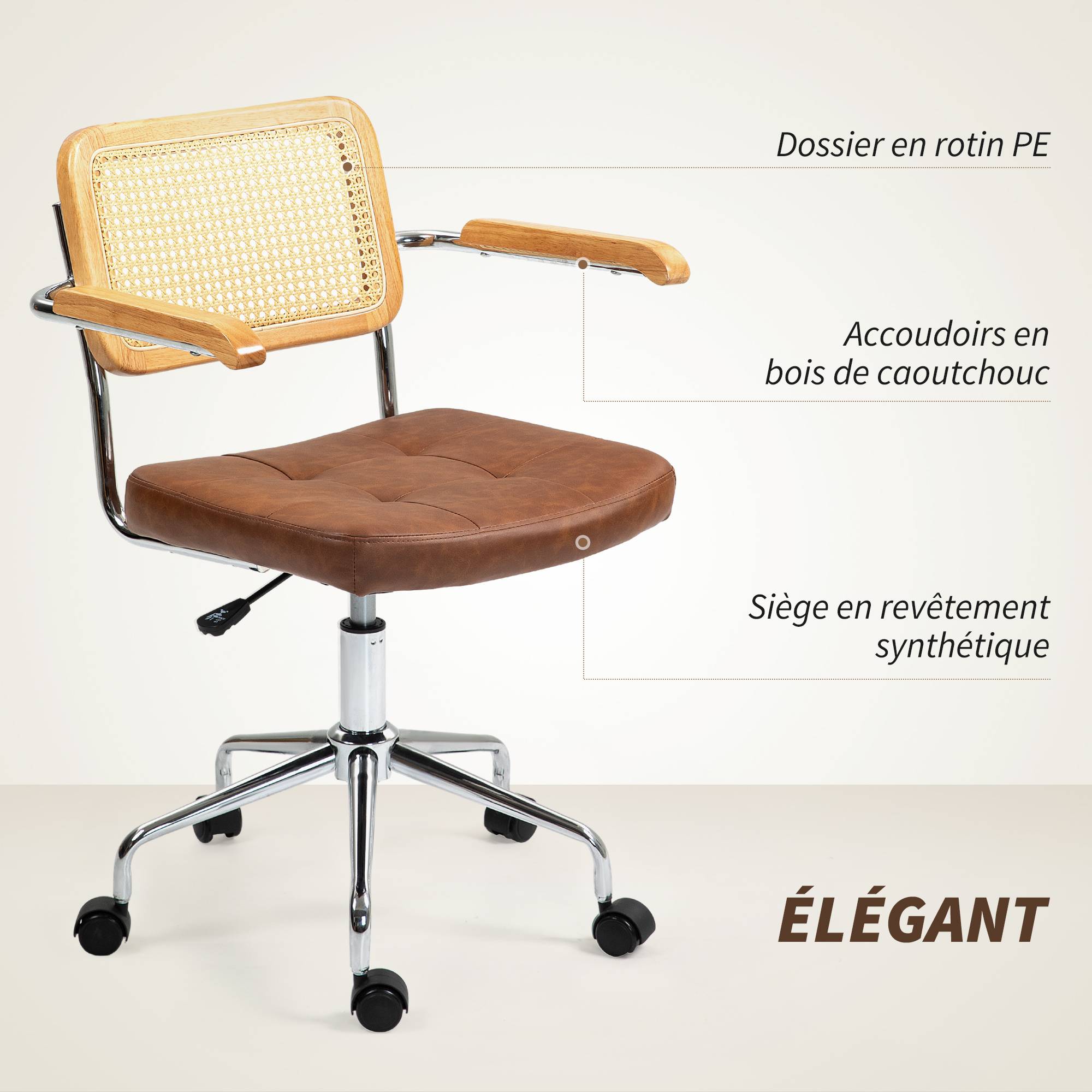 Sans Marque - Chaise de bureau fauteuil de bureau fonction basculante hauteur réglable assise pivotante 60l x 55,5P x 82-90H cm marron - Image 6