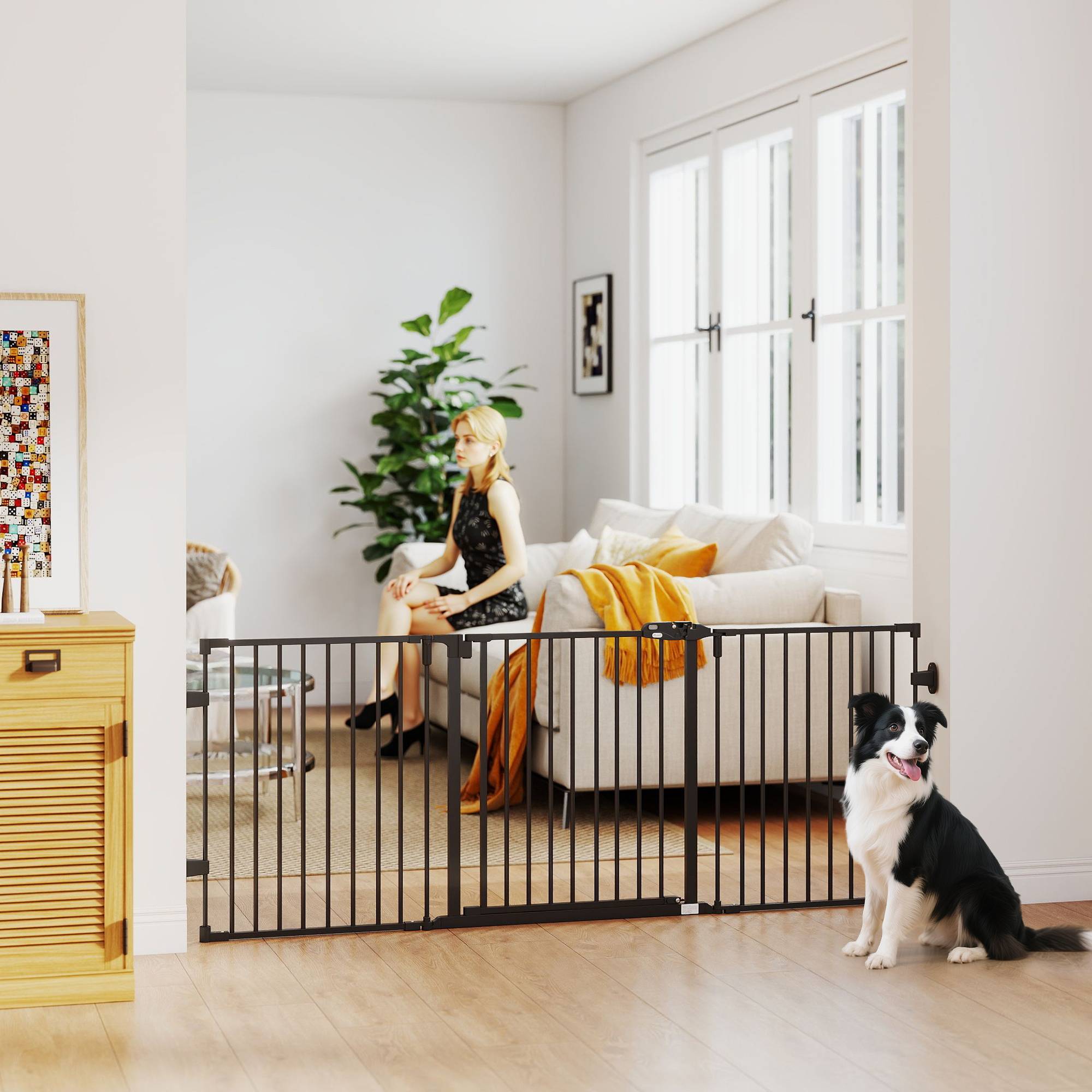 Barrière de sécurité pour animaux de compagnie à 3 panneaux avec fermeture automatique et conception pliable pour petits chiens, 202,5 x 2 x 76 cm - Image 4