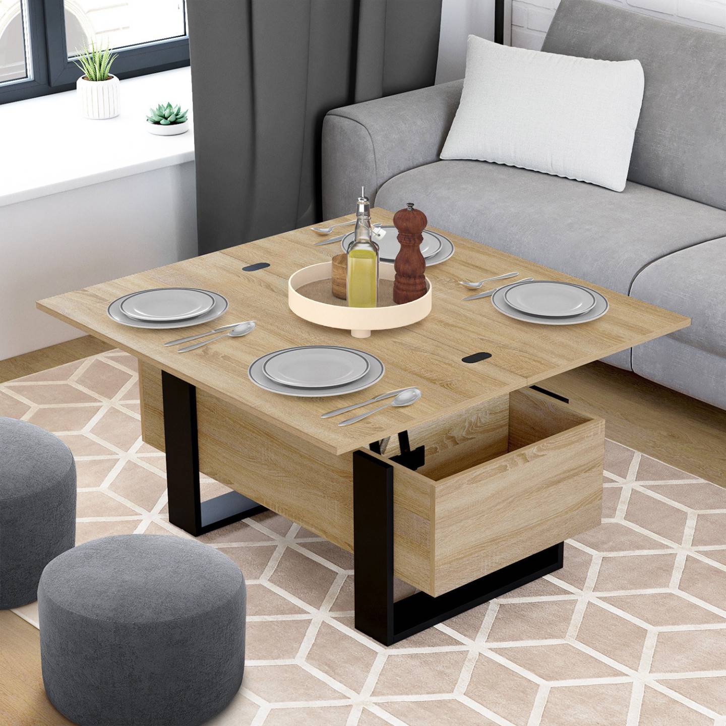 Table basse plateau relevable rectangulaire convertible en table à manger PHOENIX 97,5 cm bois et noir - Image 1