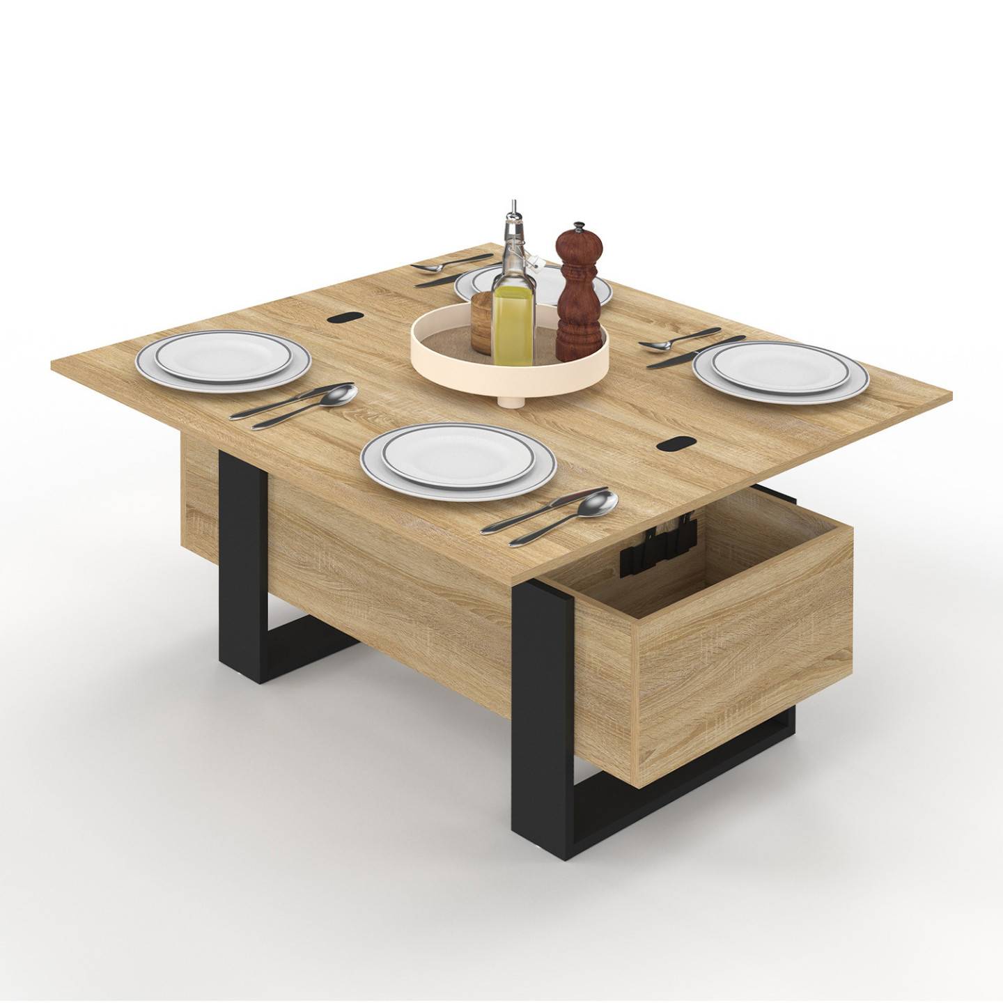 Table basse plateau relevable rectangulaire convertible en table à manger PHOENIX 97,5 cm bois et noir - Image 2