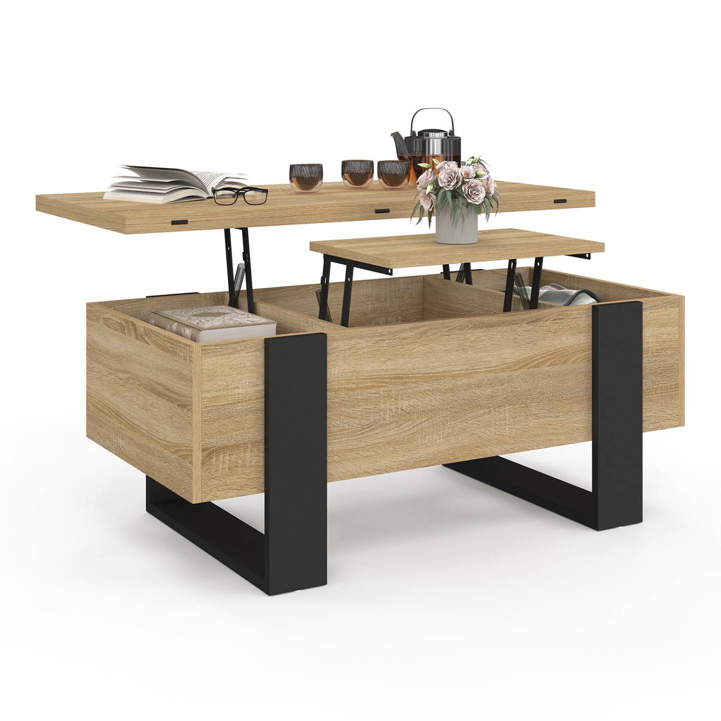Table basse plateau relevable rectangulaire convertible en table à manger PHOENIX 97,5 cm bois et noir - Image 4